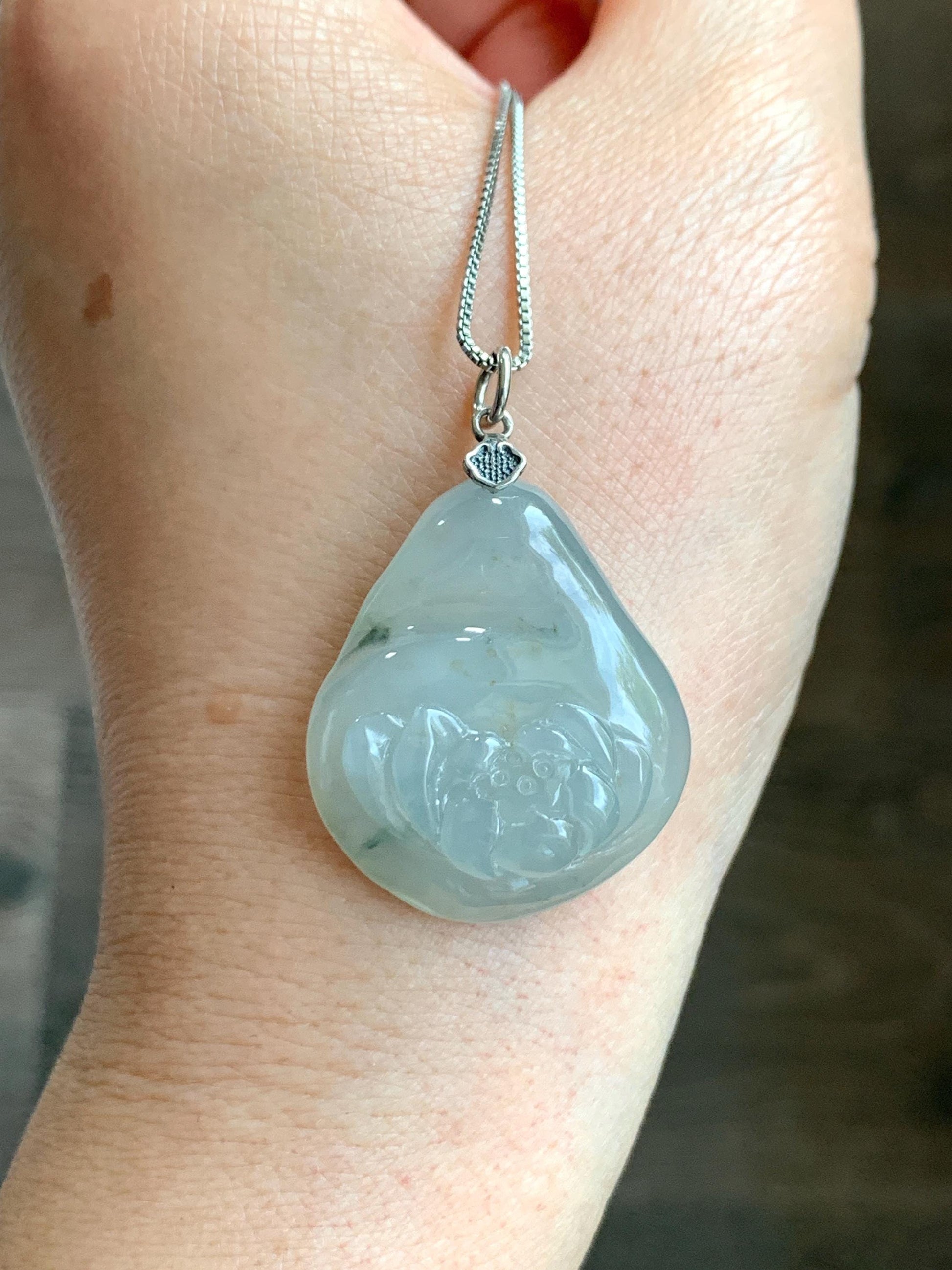 Natural Grade A Icy Translucent Gelatinous Beige Pastel Green Jadeite Lotus Flower Teardrop Pendant Sterling Silver 12g 天然冰胶晴底撒金翡翠莲花水滴吊坠