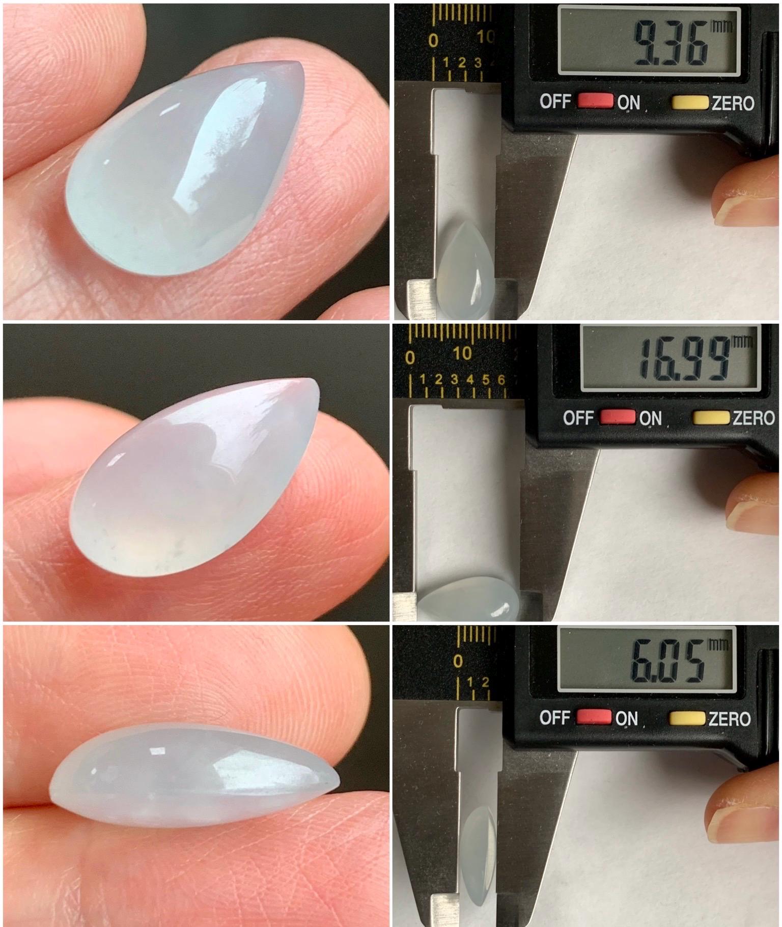Natural Grade A Old Mine Icy Highly Translucent Gelatinous White Jadeite Teardrop Pear Cabochon Loose Stone 16.99x9.36x6mm 天然老种白冰胶翡翠水滴大蛋面