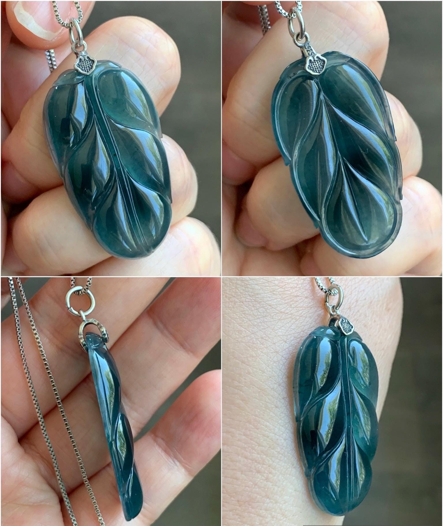 Natural Grade A Guatemalan Icy Highly Translucent Dark Teal Blue Jadeite Carved Leaf Pendant Sterling Silver 8g 天然冰胶危深蓝翡翠大叶有成银镶吊坠 LDY88