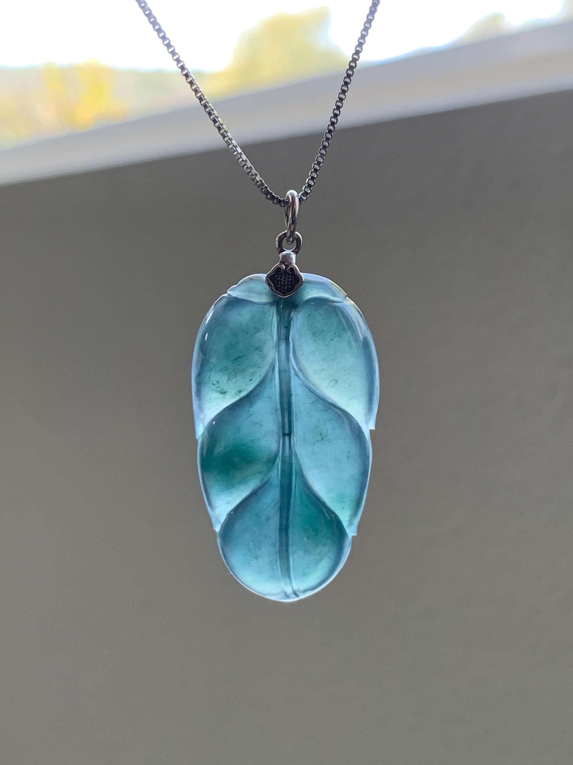 Natural Grade A Guatemalan Icy Highly Translucent Dark Teal Blue Jadeite Carved Leaf Pendant Sterling Silver 8g 天然冰胶危深蓝翡翠大叶有成银镶吊坠 LDY88