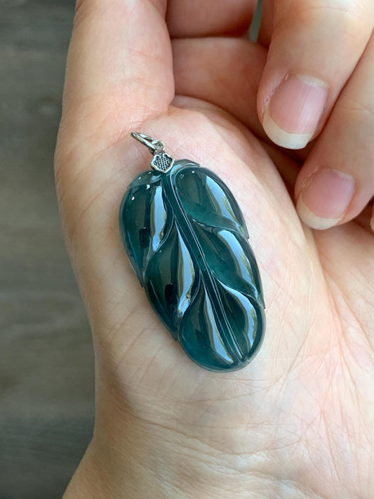 Natural Grade A Guatemalan Icy Highly Translucent Dark Teal Blue Jadeite Carved Leaf Pendant Sterling Silver 8g 天然冰胶危深蓝翡翠大叶有成银镶吊坠 LDY88