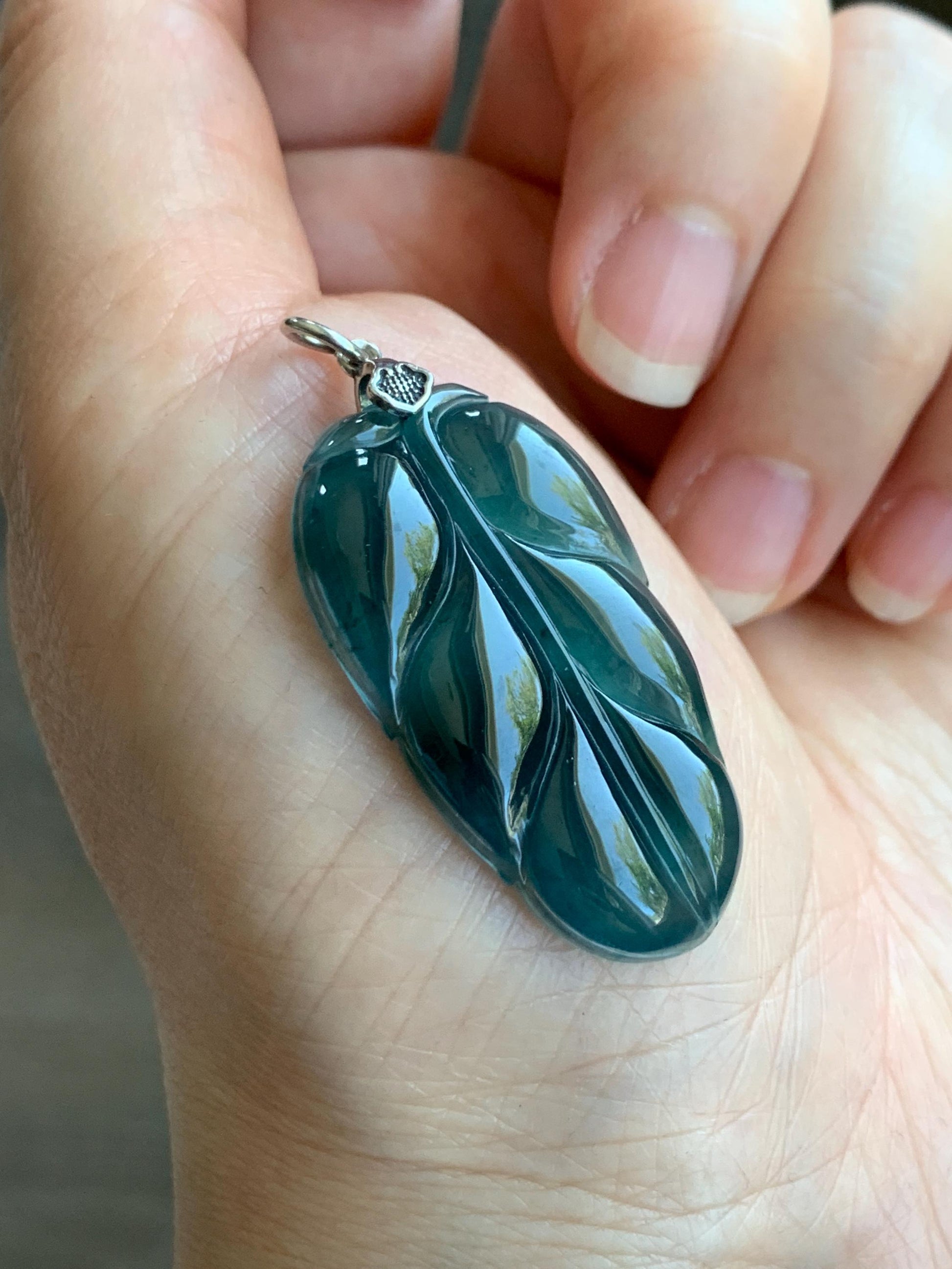 Natural Grade A Guatemalan Icy Highly Translucent Dark Teal Blue Jadeite Carved Leaf Pendant Sterling Silver 8g 天然冰胶危深蓝翡翠大叶有成银镶吊坠 LDY88
