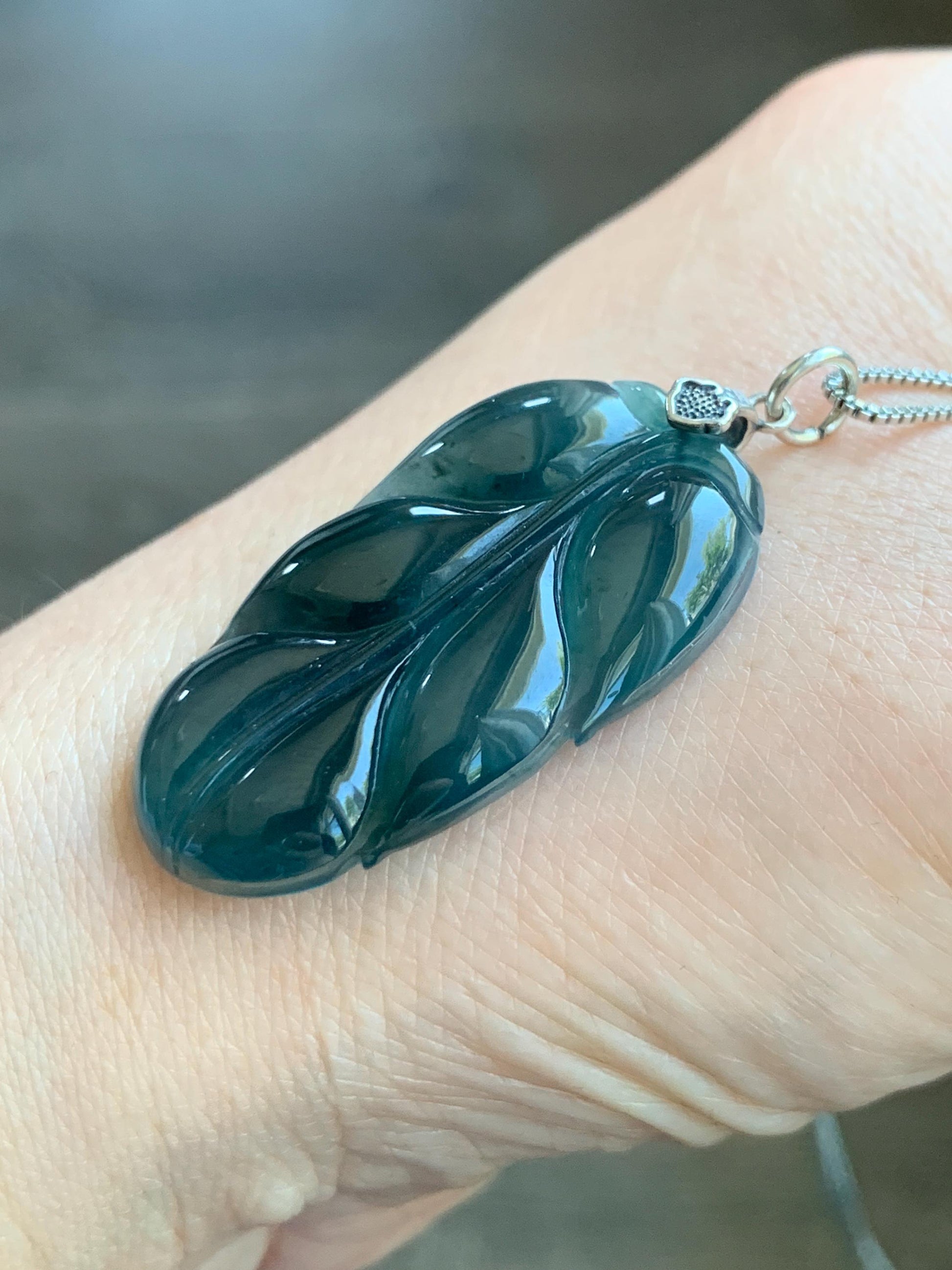 Natural Grade A Guatemalan Icy Highly Translucent Dark Teal Blue Jadeite Carved Leaf Pendant Sterling Silver 8g 天然冰胶危深蓝翡翠大叶有成银镶吊坠 LDY88