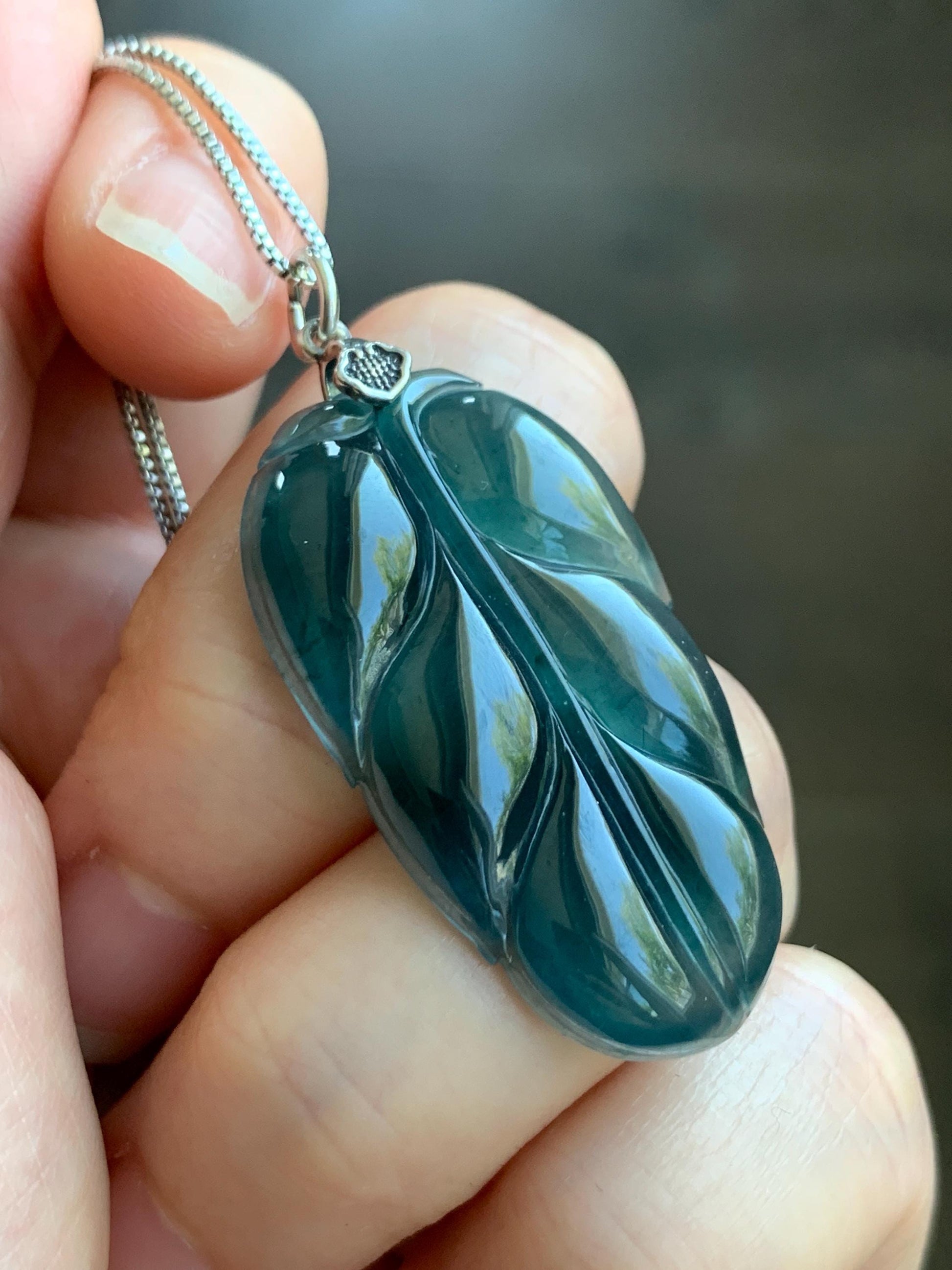 Natural Grade A Guatemalan Icy Highly Translucent Dark Teal Blue Jadeite Carved Leaf Pendant Sterling Silver 8g 天然冰胶危深蓝翡翠大叶有成银镶吊坠 LDY88