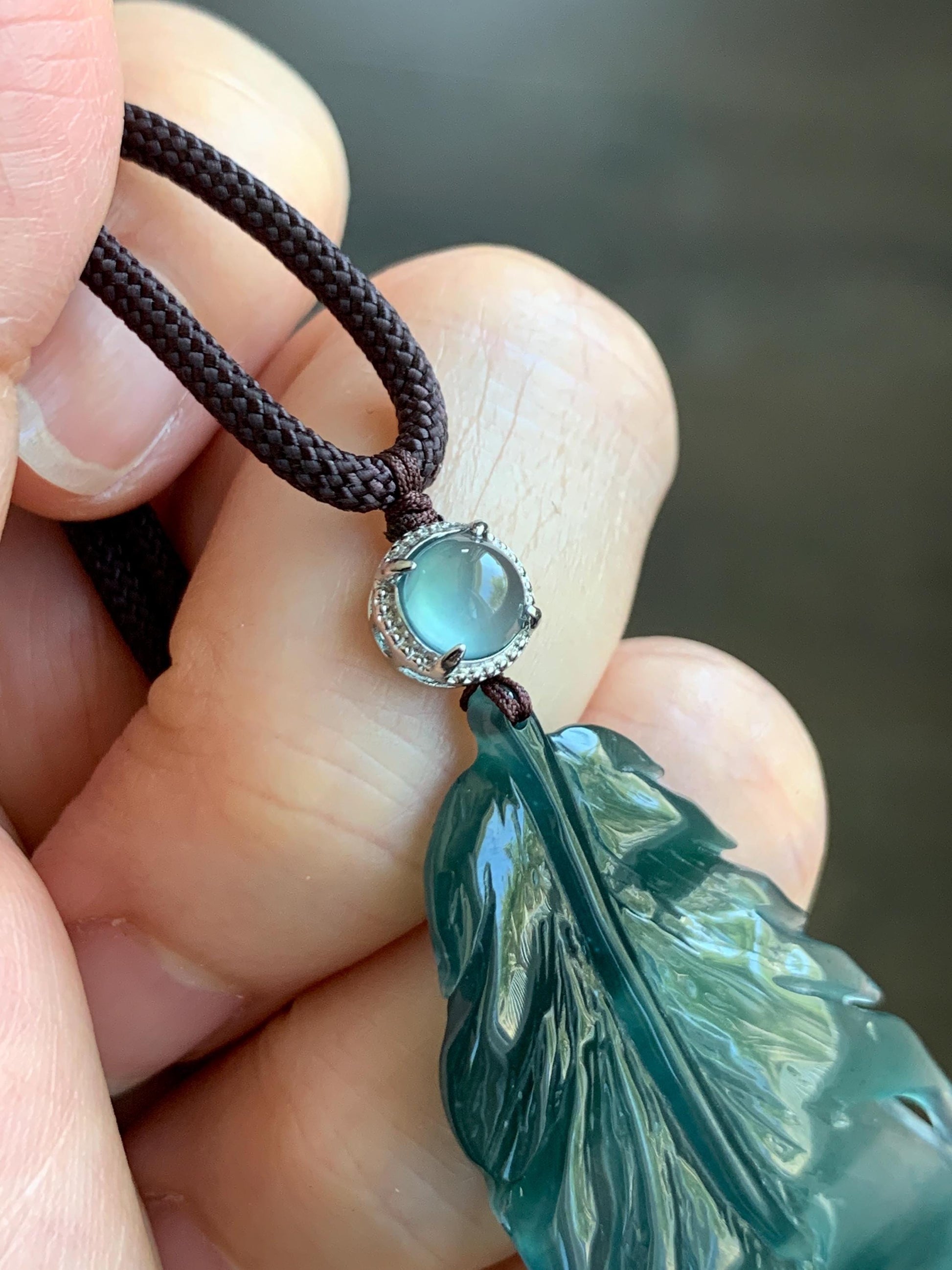 Natural Guatemalan Icy Highly Translucent Gelatinous Teal Green Jadeite Feather Pendant Rope Necklace 24" Sterling Silver 天然冰胶危湖水蓝翡翠羽毛吊坠