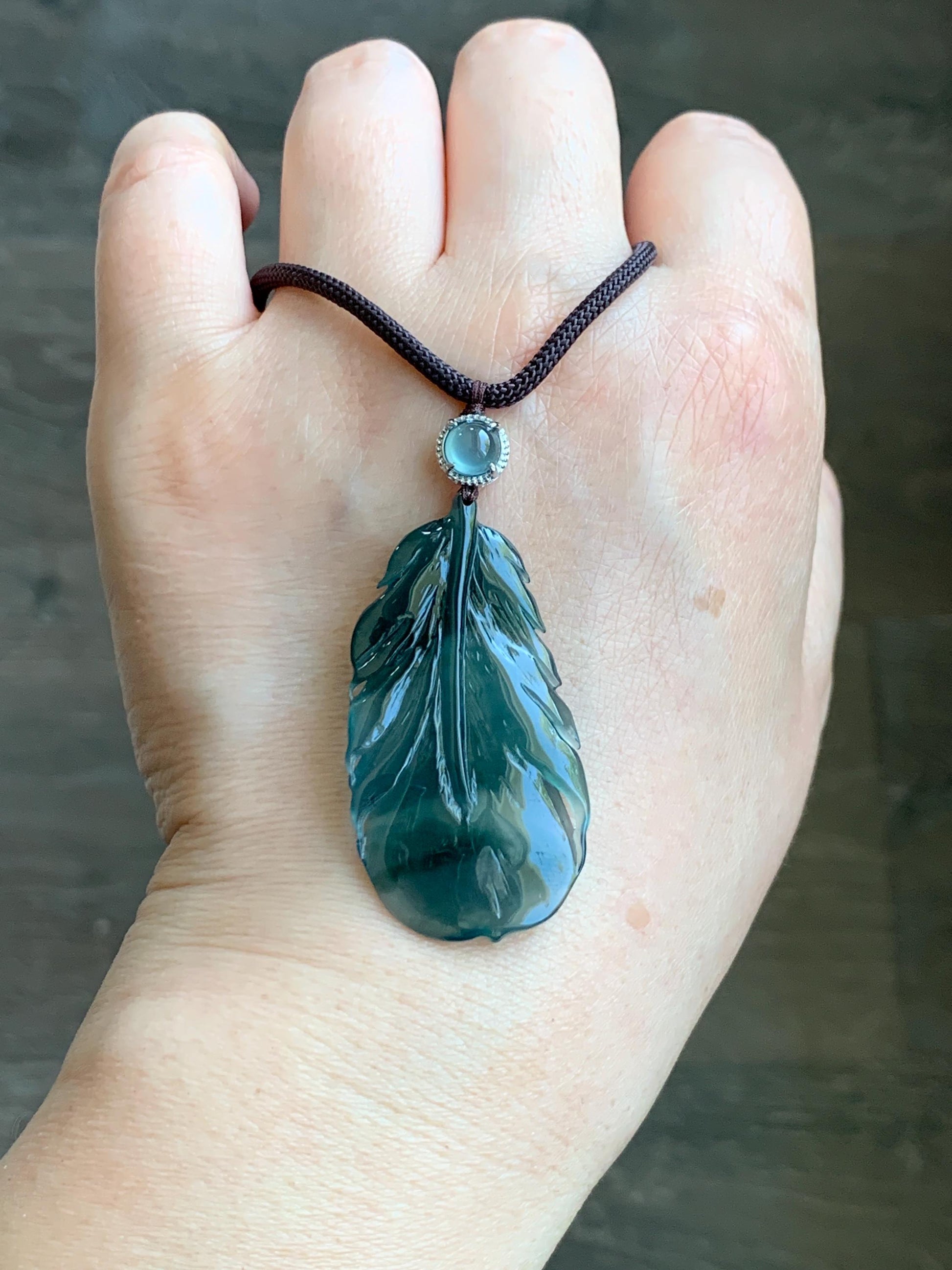 Natural Guatemalan Icy Highly Translucent Gelatinous Teal Green Jadeite Feather Pendant Rope Necklace 24" Sterling Silver 天然冰胶危湖水蓝翡翠羽毛吊坠