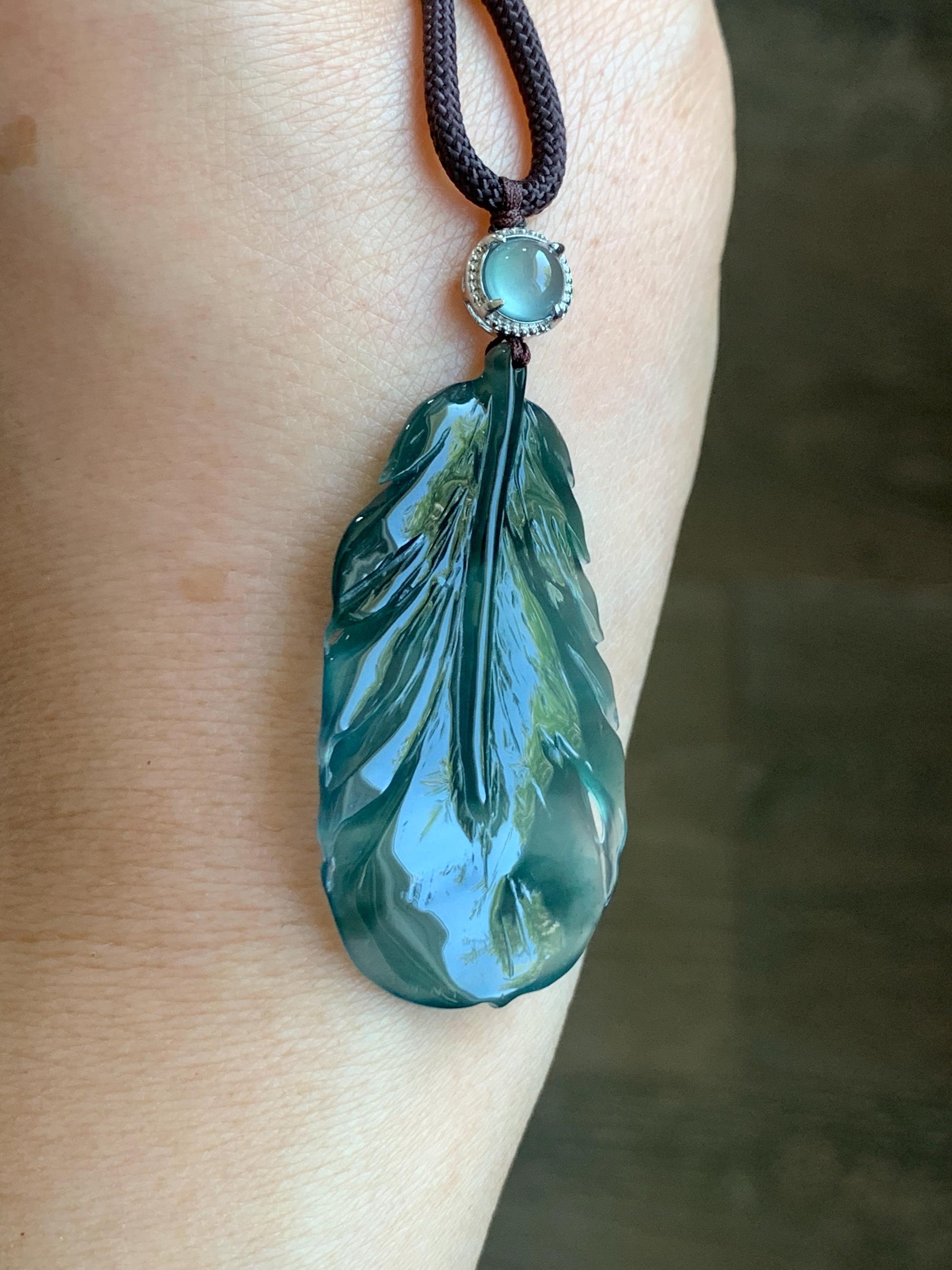 Natural Guatemalan Icy Highly Translucent Gelatinous Teal Green Jadeite Feather Pendant Rope Necklace 24" Sterling Silver 天然冰胶危湖水蓝翡翠羽毛吊坠
