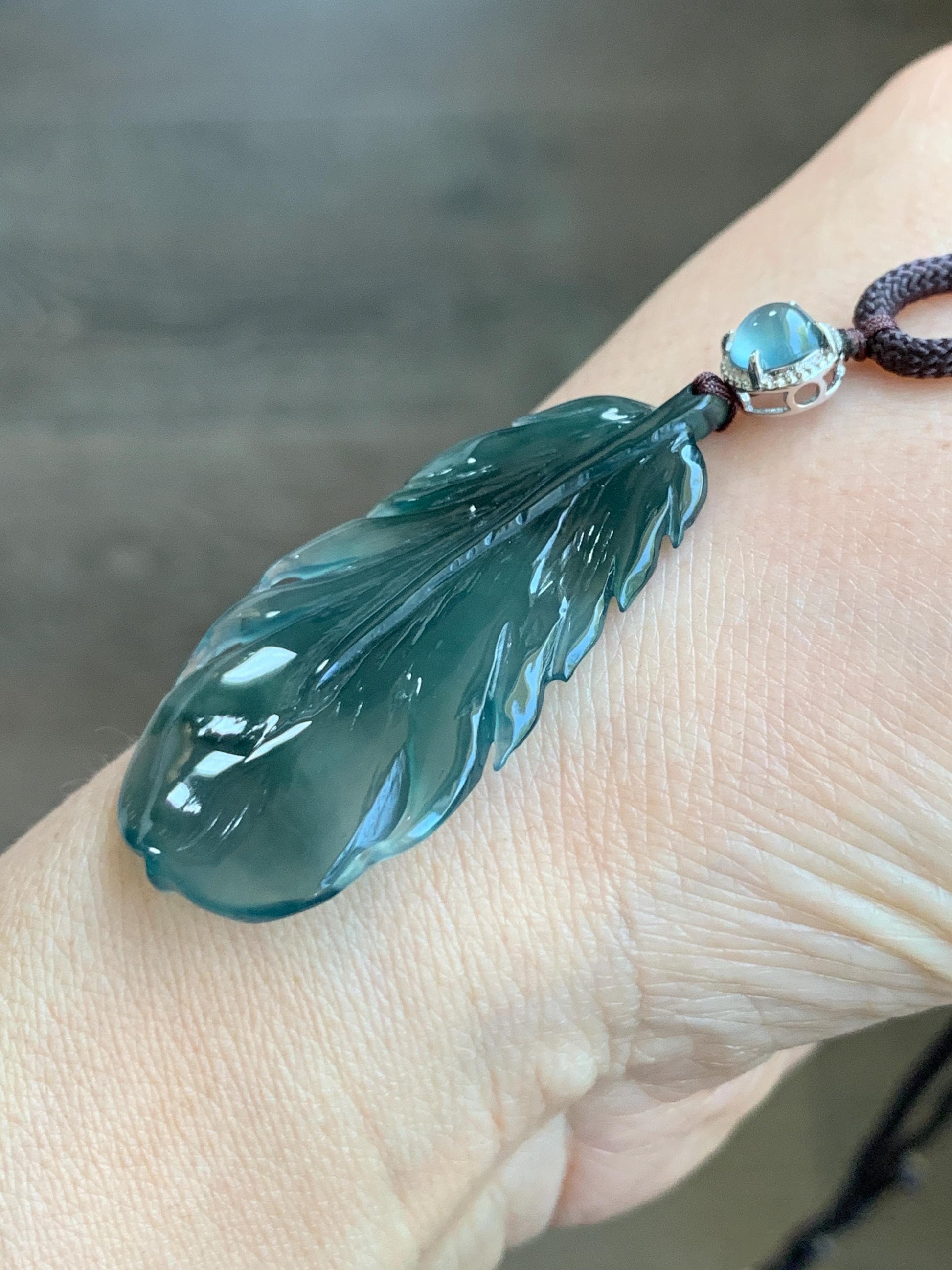 Natural Guatemalan Icy Highly Translucent Gelatinous Teal Green Jadeite Feather Pendant Rope Necklace 24" Sterling Silver 天然冰胶危湖水蓝翡翠羽毛吊坠
