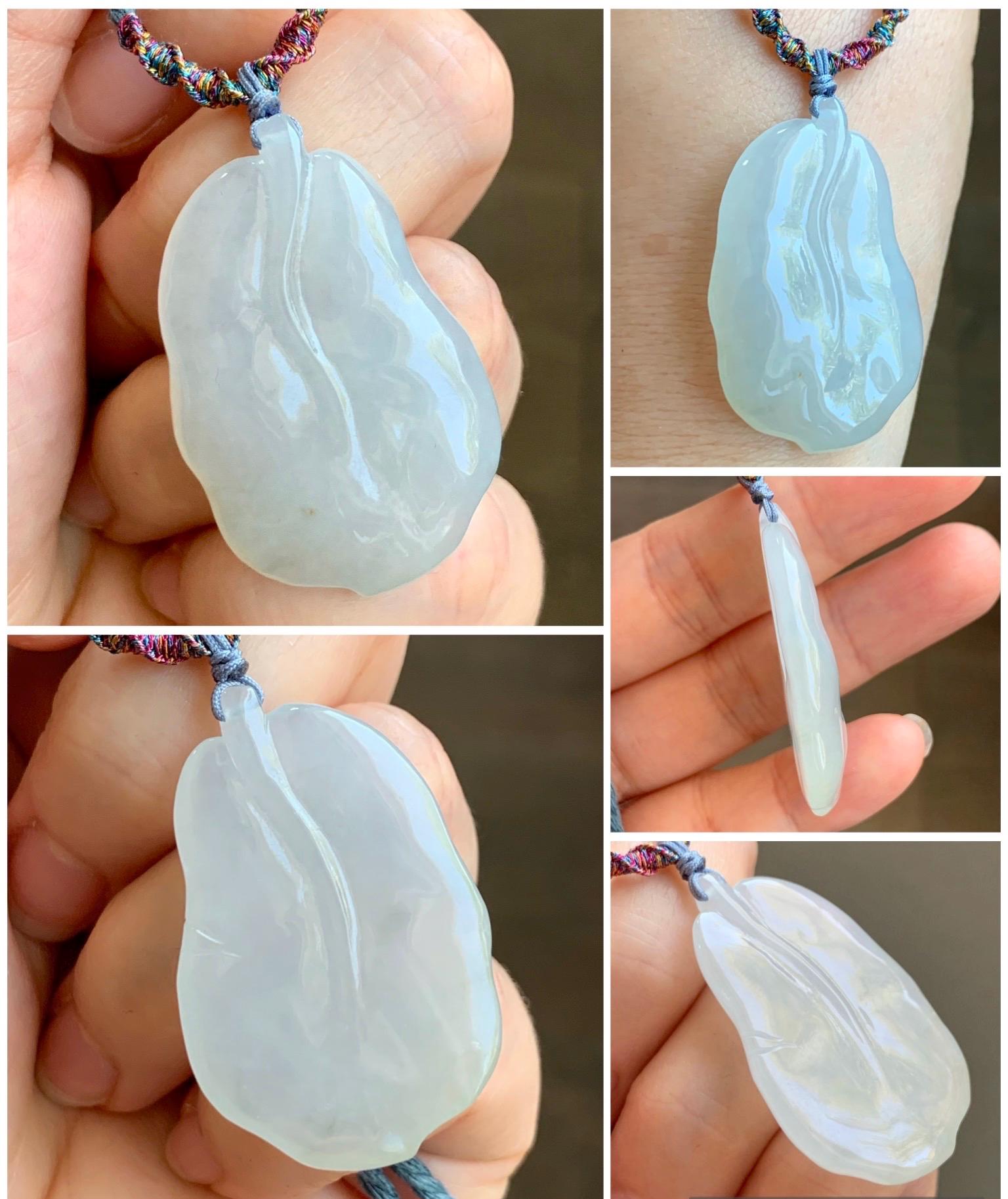Natural Grade A Icy Translucent Gelatinous Pastel Green Jadeite Leaf Pendant Rope Necklace 25" Adjustable 14g 天然老种冰晴底翡翠大叶有成吊坠项链 MBY220