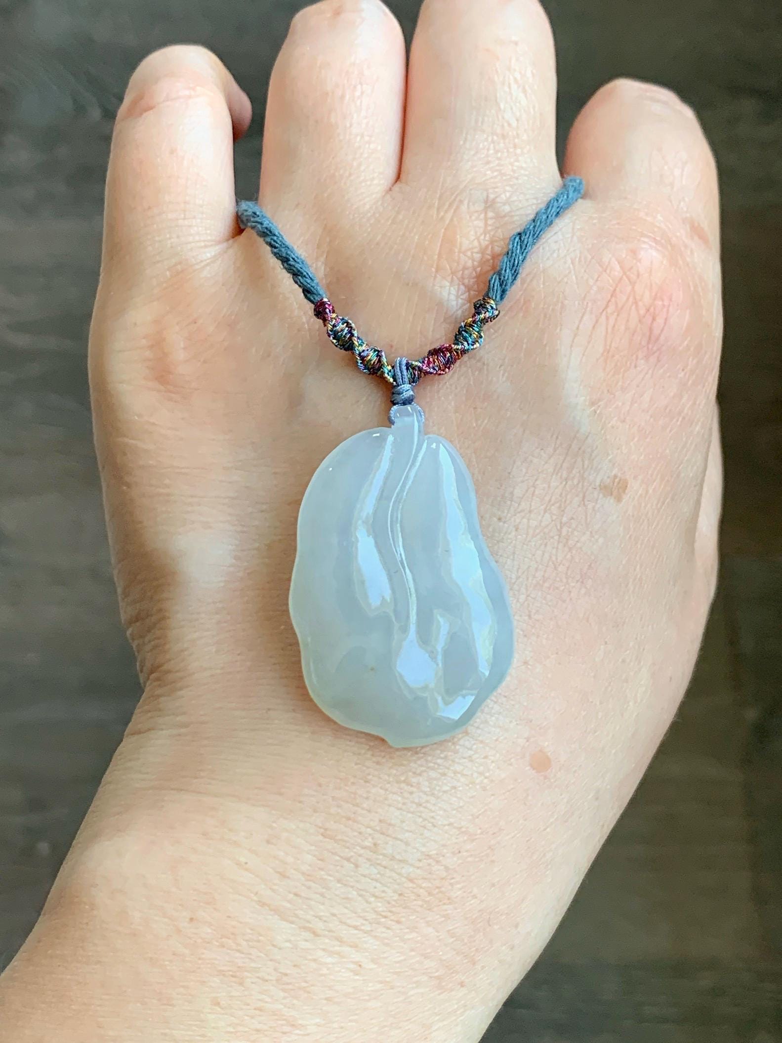 Natural Grade A Icy Translucent Gelatinous Pastel Green Jadeite Leaf Pendant Rope Necklace 25" Adjustable 14g 天然老种冰晴底翡翠大叶有成吊坠项链 MBY220