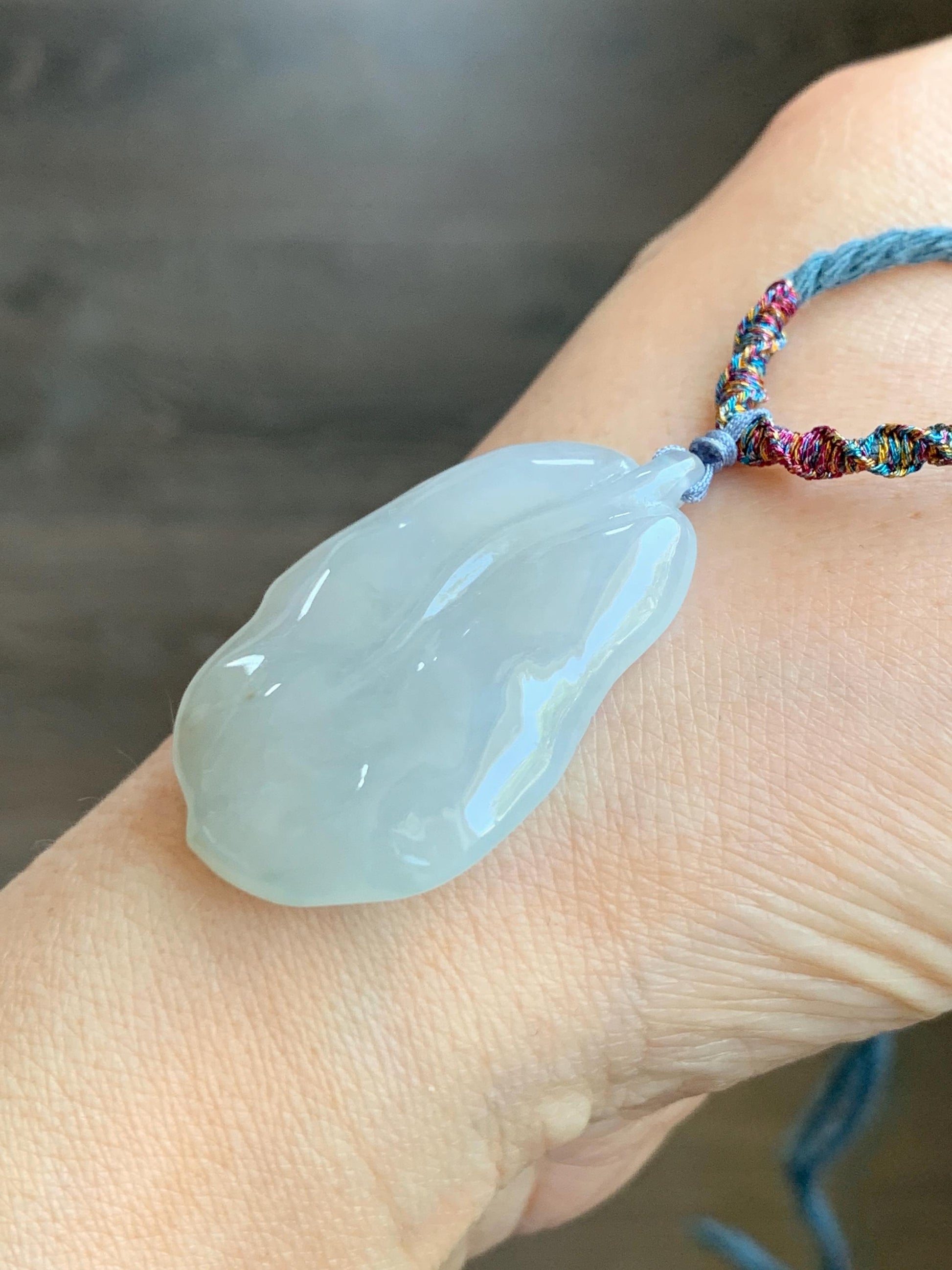 Natural Grade A Icy Translucent Gelatinous Pastel Green Jadeite Leaf Pendant Rope Necklace 25" Adjustable 14g 天然老种冰晴底翡翠大叶有成吊坠项链 MBY220