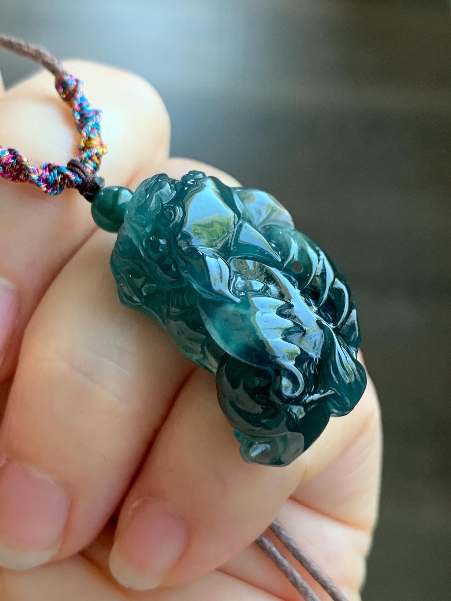 Certified Natural Guatemalan Icy Translucent Gelatinous Dark Teal Blue Jadeite Pixiu Pendant Rope Necklace 30" 11g 天然老种冰危深蓝翡翠飞天貔貅吊坠 1155