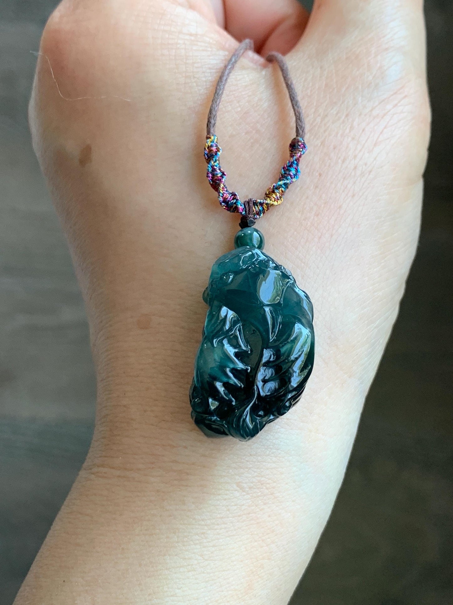 Certified Natural Guatemalan Icy Translucent Gelatinous Dark Teal Blue Jadeite Pixiu Pendant Rope Necklace 30" 11g 天然老种冰危深蓝翡翠飞天貔貅吊坠 1155