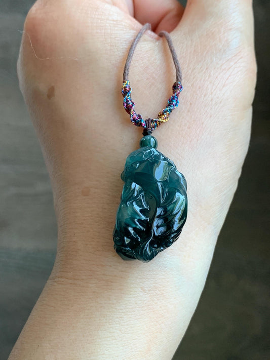 Certified Natural Guatemalan Icy Translucent Gelatinous Dark Teal Blue Jadeite Pixiu Pendant Rope Necklace 30" 11g 天然老种冰危深蓝翡翠飞天貔貅吊坠 1155