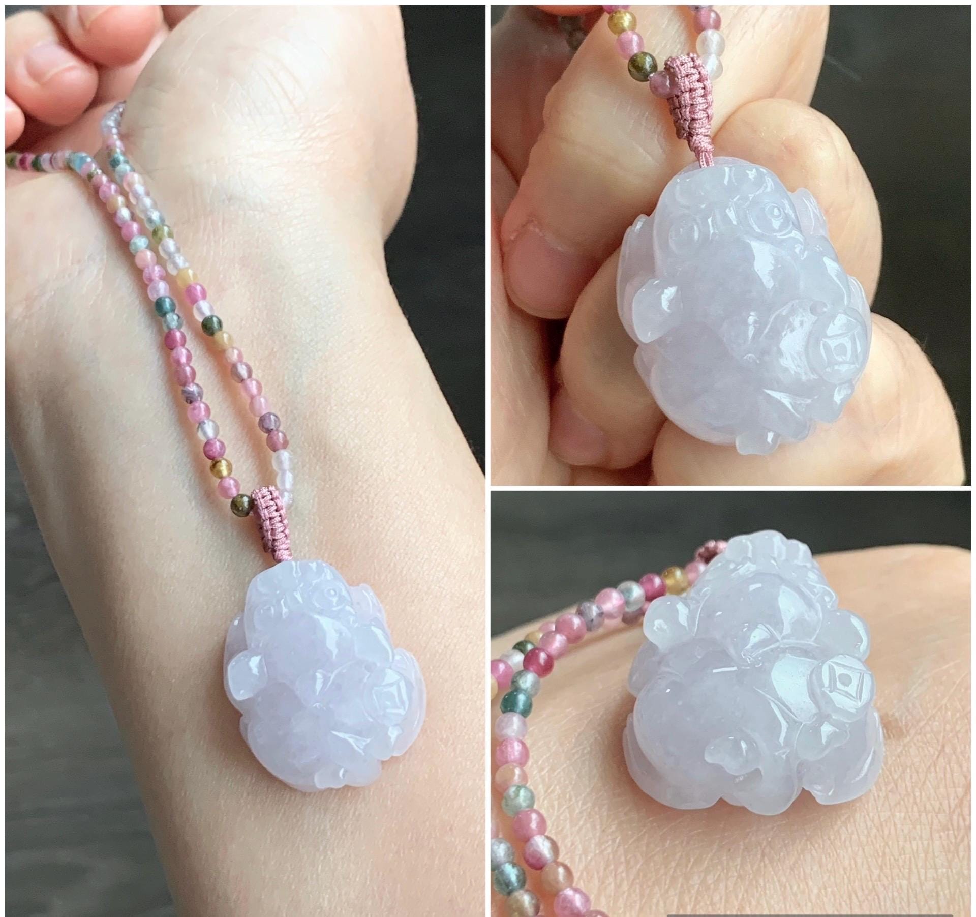 Natural Grade A Icy Translucent Pastel Purple Jadeite Pixiu Pendant Multicolored Tourmaline Beads Rope Necklace 16.5”-24” 天然冰紫底翡翠貔貅吊坠碧玺珠项链