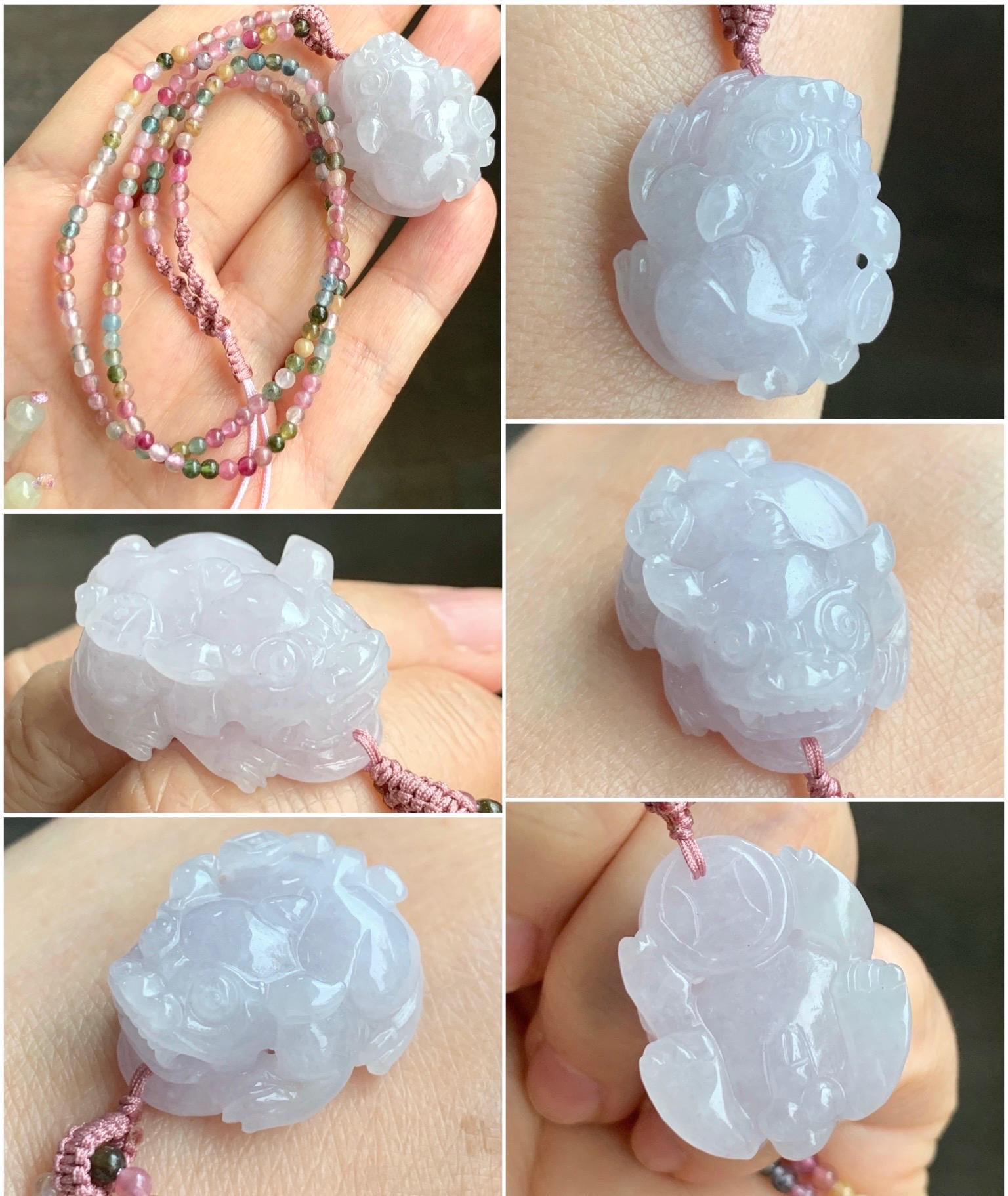 Natural Grade A Icy Translucent Pastel Purple Jadeite Pixiu Pendant Multicolored Tourmaline Beads Rope Necklace 16.5”-24” 天然冰紫底翡翠貔貅吊坠碧玺珠项链