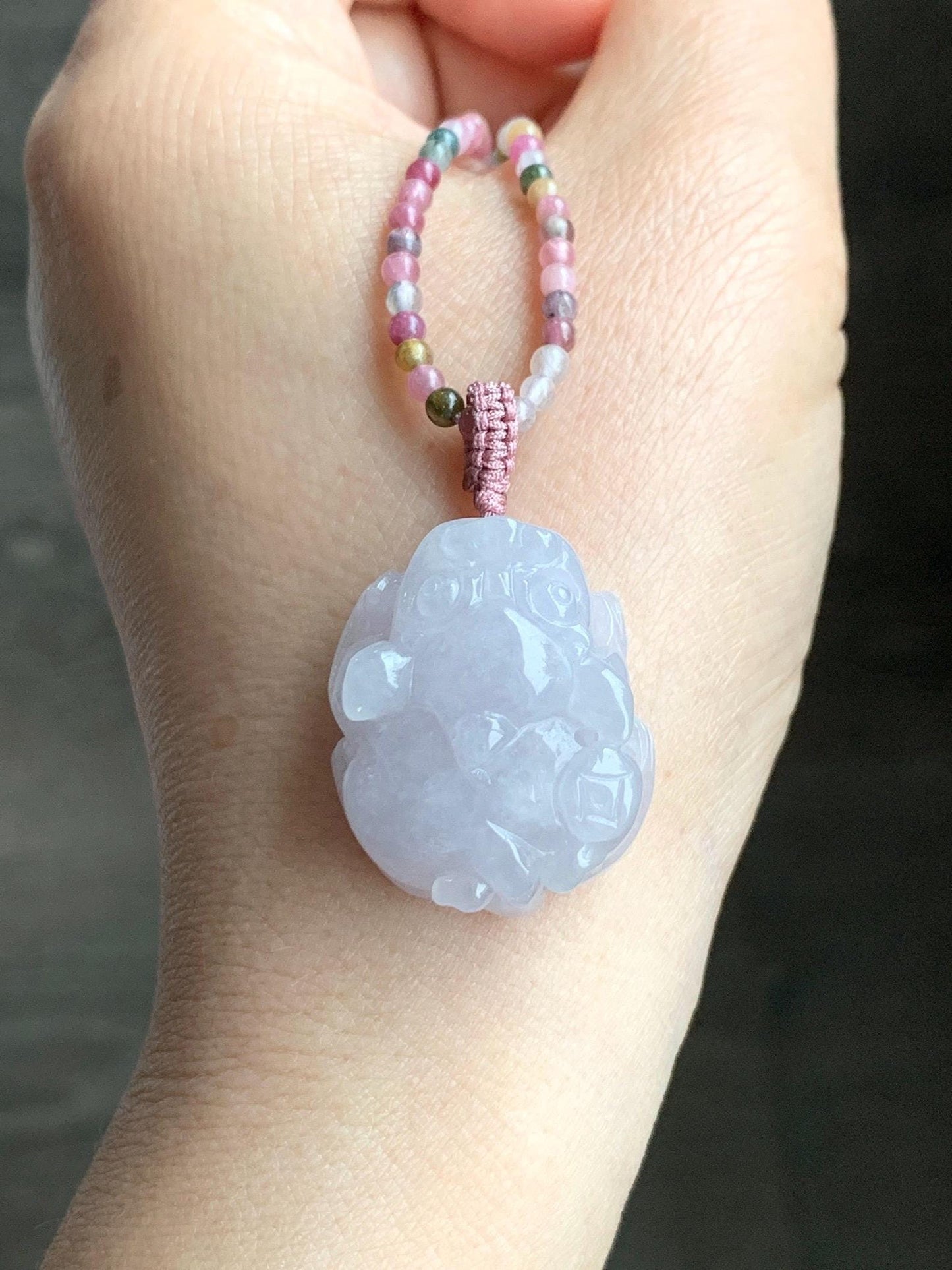 Natural Grade A Icy Translucent Pastel Purple Jadeite Pixiu Pendant Multicolored Tourmaline Beads Rope Necklace 16.5”-24” 天然冰紫底翡翠貔貅吊坠碧玺珠项链
