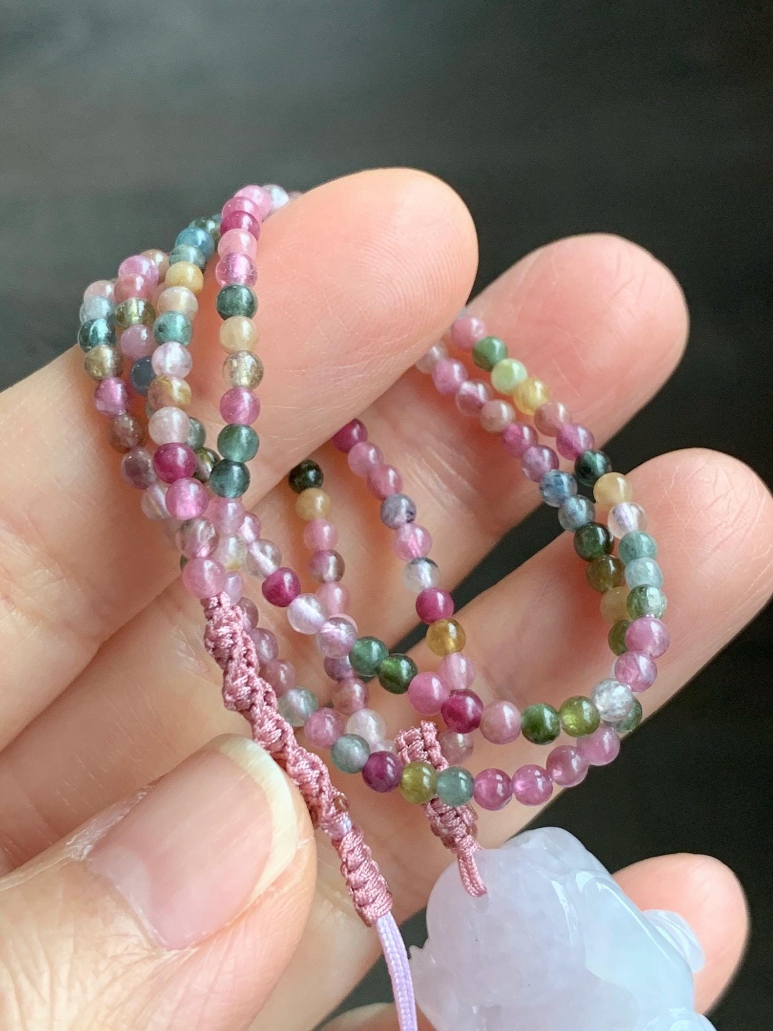 Natural Grade A Icy Translucent Pastel Purple Jadeite Pixiu Pendant Multicolored Tourmaline Beads Rope Necklace 16.5”-24” 天然冰紫底翡翠貔貅吊坠碧玺珠项链