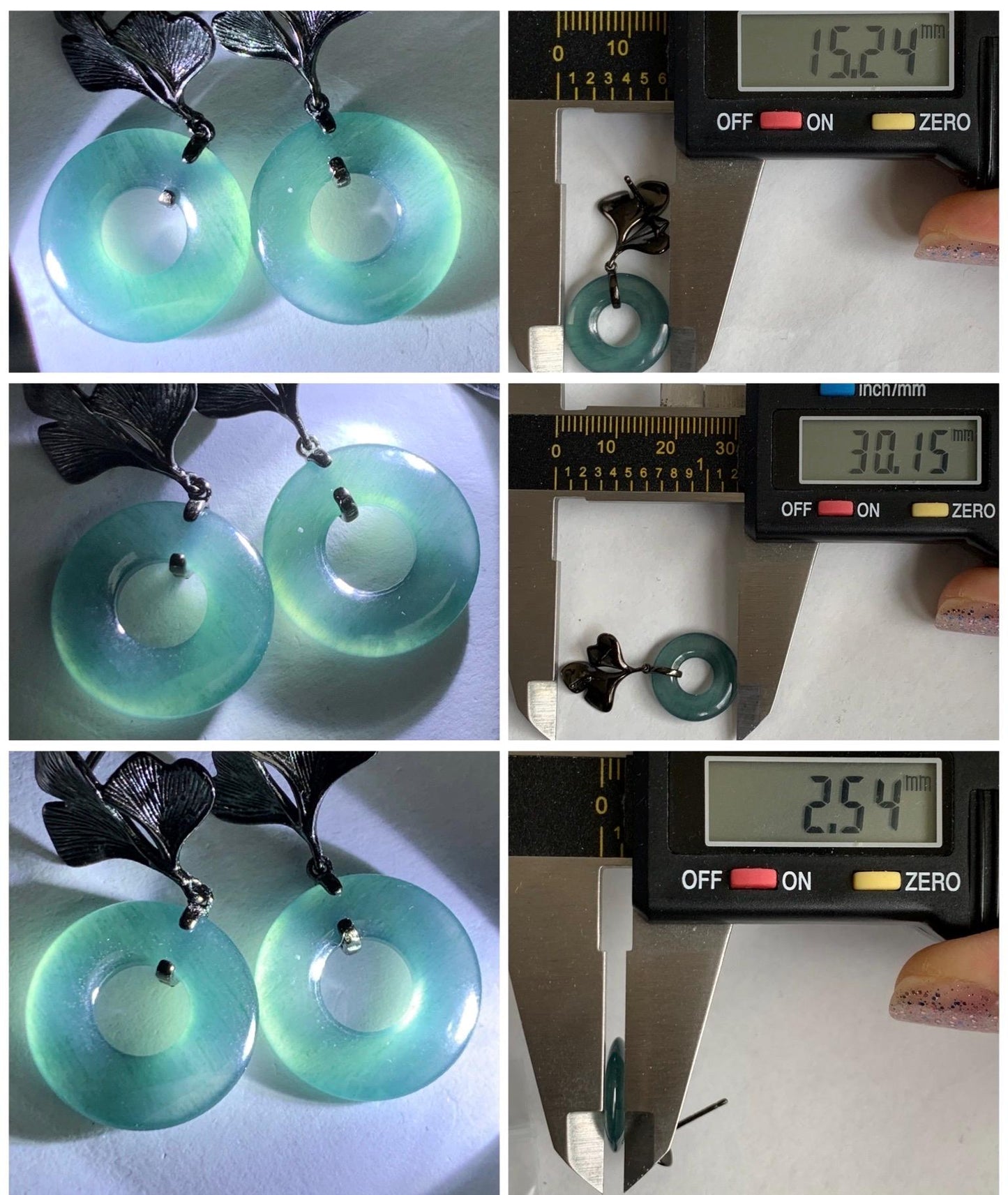 Natural Guatemalan Icy Translucent Dark Teal Blue Jadeite Ping An Kou Donut Stud Earrings Sterling Silver Black Rhodium 天然冰危深蓝绿翡翠平安扣银杏叶耳钉