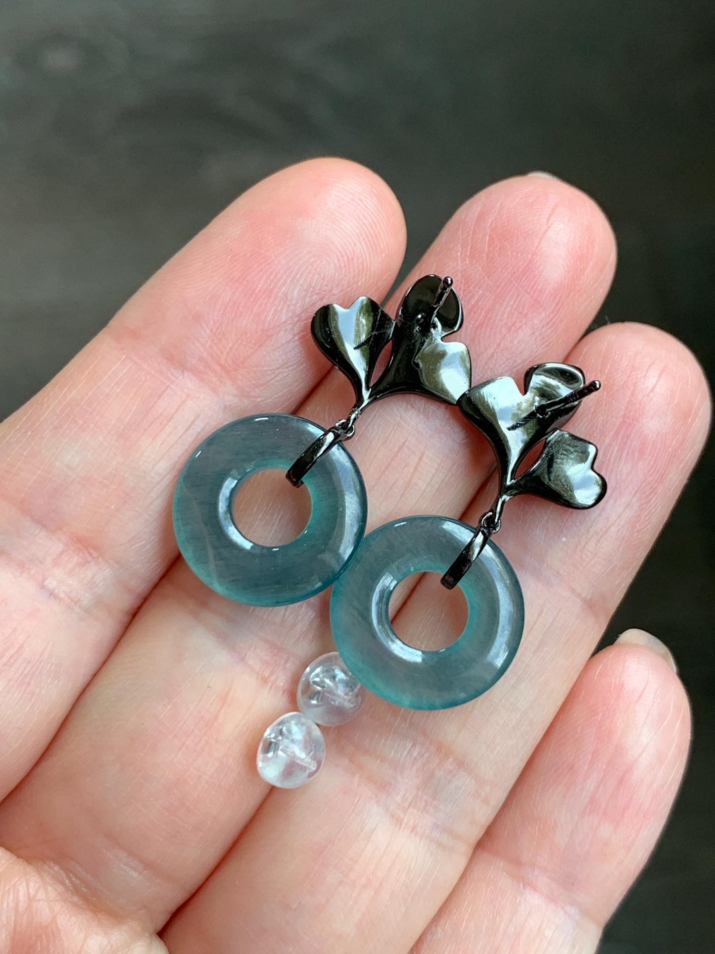 Natural Guatemalan Icy Translucent Dark Teal Blue Jadeite Ping An Kou Donut Stud Earrings Sterling Silver Black Rhodium 天然冰危深蓝绿翡翠平安扣银杏叶耳钉