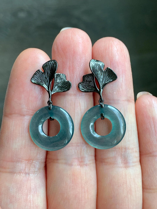 Natural Guatemalan Icy Translucent Dark Teal Blue Jadeite Ping An Kou Donut Stud Earrings Sterling Silver Black Rhodium 天然冰危深蓝绿翡翠平安扣银杏叶耳钉