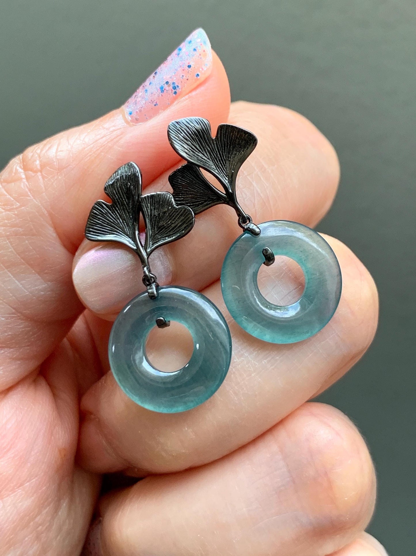 Natural Guatemalan Icy Translucent Dark Teal Blue Jadeite Ping An Kou Donut Stud Earrings Sterling Silver Black Rhodium 天然冰危深蓝绿翡翠平安扣银杏叶耳钉