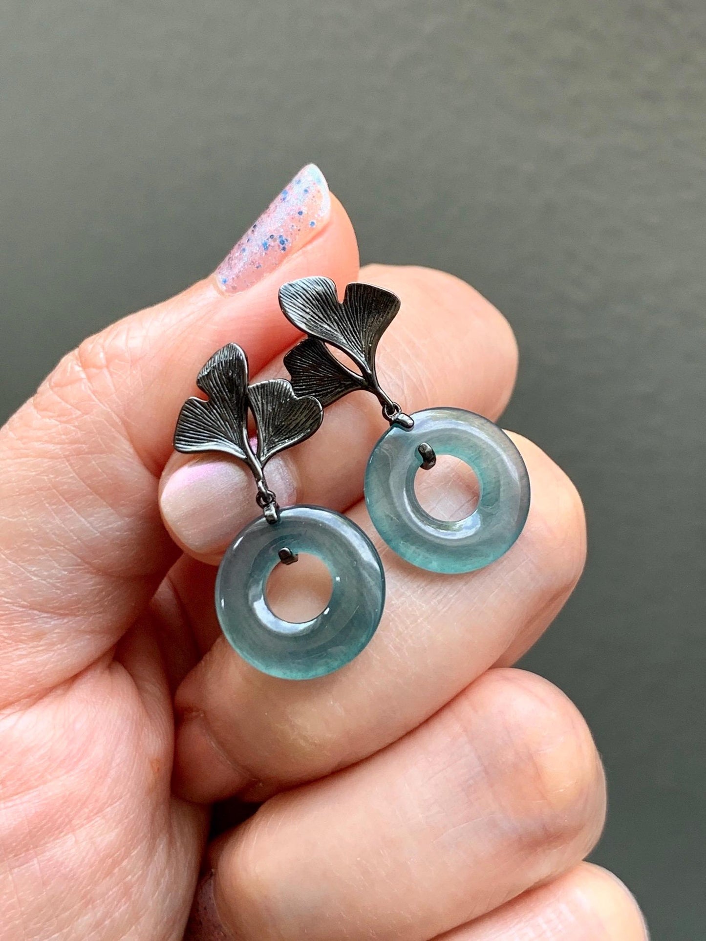 Natural Guatemalan Icy Translucent Dark Teal Blue Jadeite Ping An Kou Donut Stud Earrings Sterling Silver Black Rhodium 天然冰危深蓝绿翡翠平安扣银杏叶耳钉