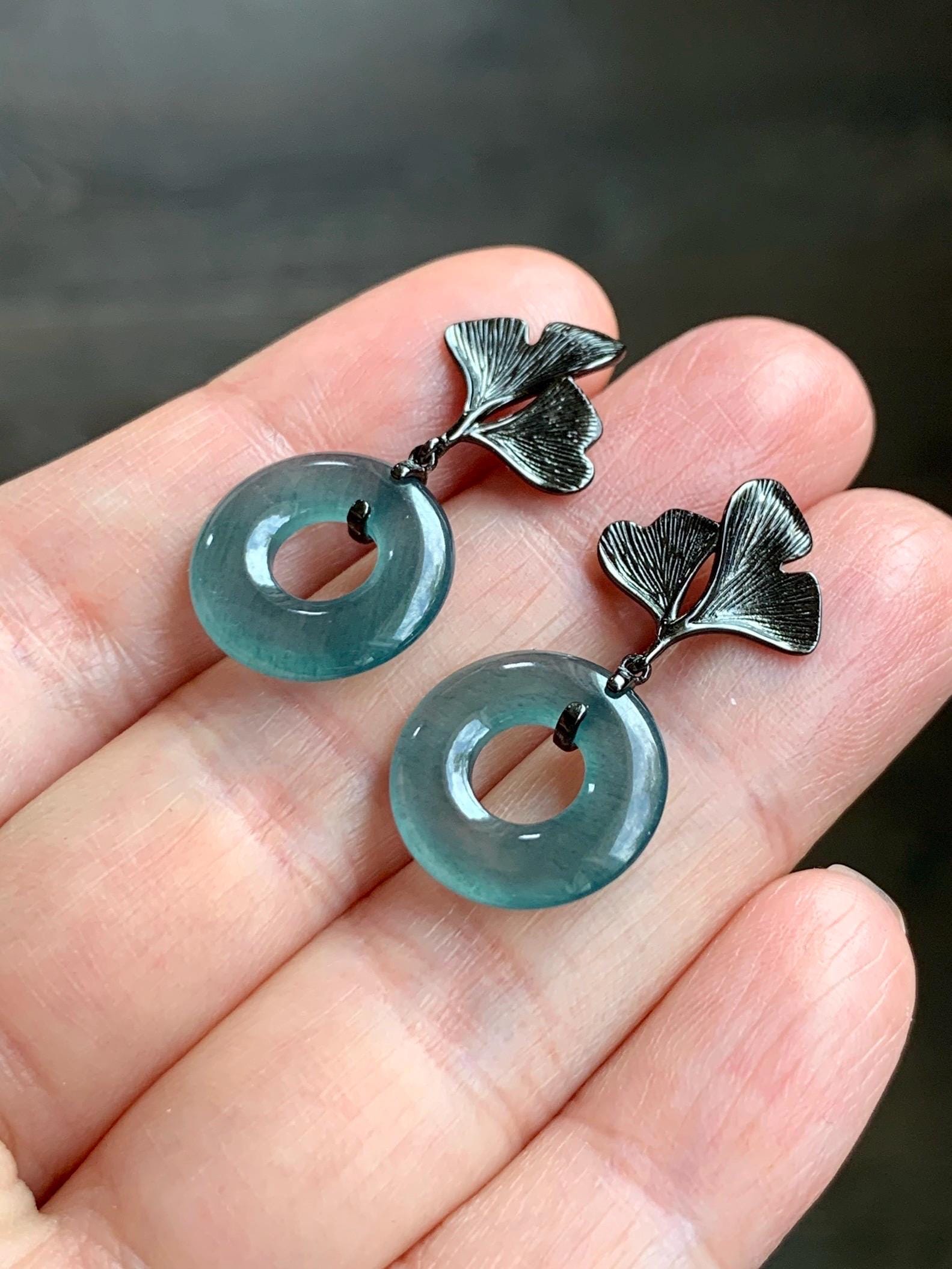 Natural Guatemalan Icy Translucent Dark Teal Blue Jadeite Ping An Kou Donut Stud Earrings Sterling Silver Black Rhodium 天然冰危深蓝绿翡翠平安扣银杏叶耳钉