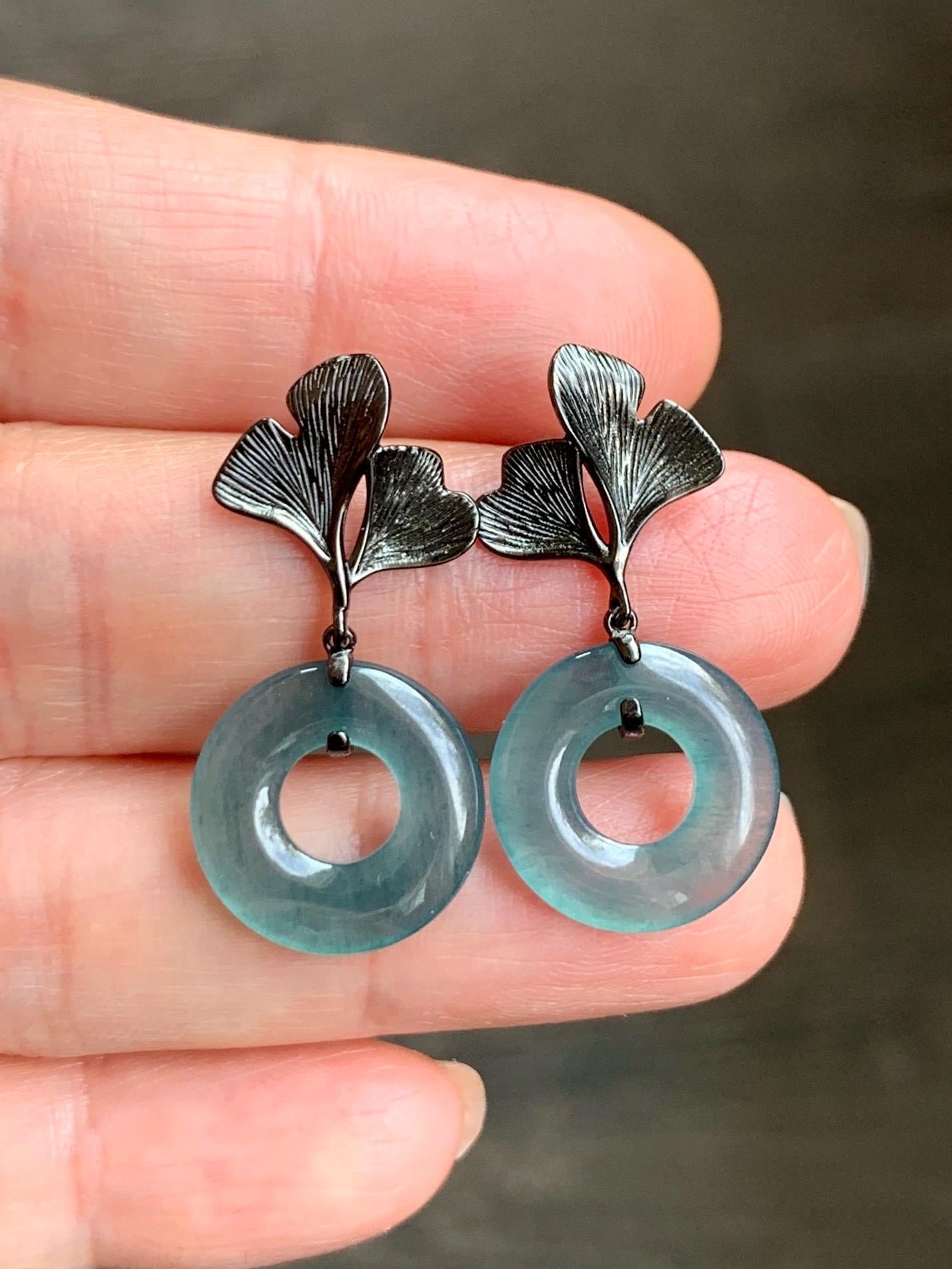 Natural Guatemalan Icy Translucent Dark Teal Blue Jadeite Ping An Kou Donut Stud Earrings Sterling Silver Black Rhodium 天然冰危深蓝绿翡翠平安扣银杏叶耳钉