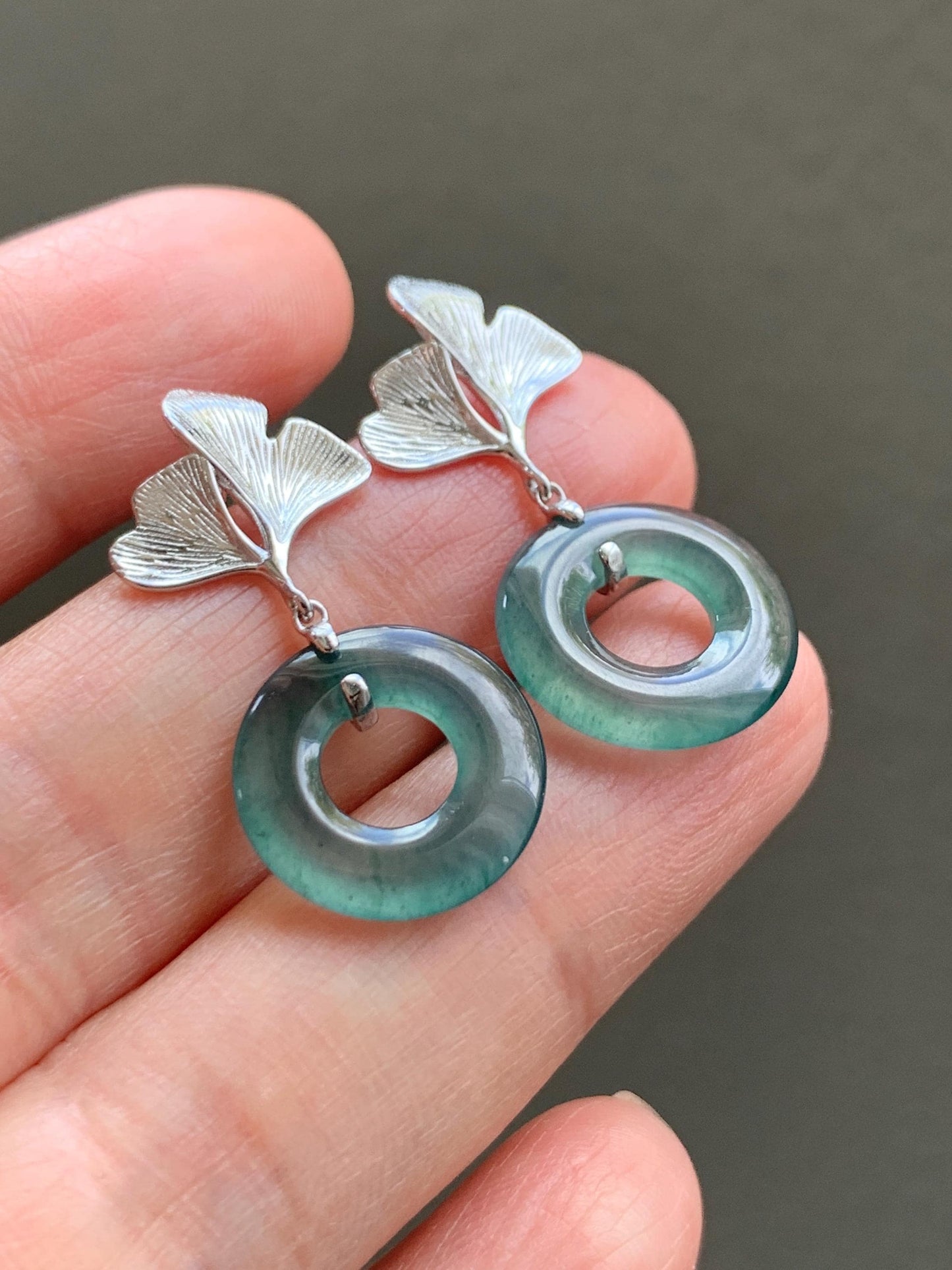 Natural Guatemalan Icy Highly Translucent Dark Teal Blue Jadeite Ping An Kou Donut Stud Earrings Sterling Silver 天然冰危深蓝绿翡翠平安扣银杏叶耳钉 YYX110