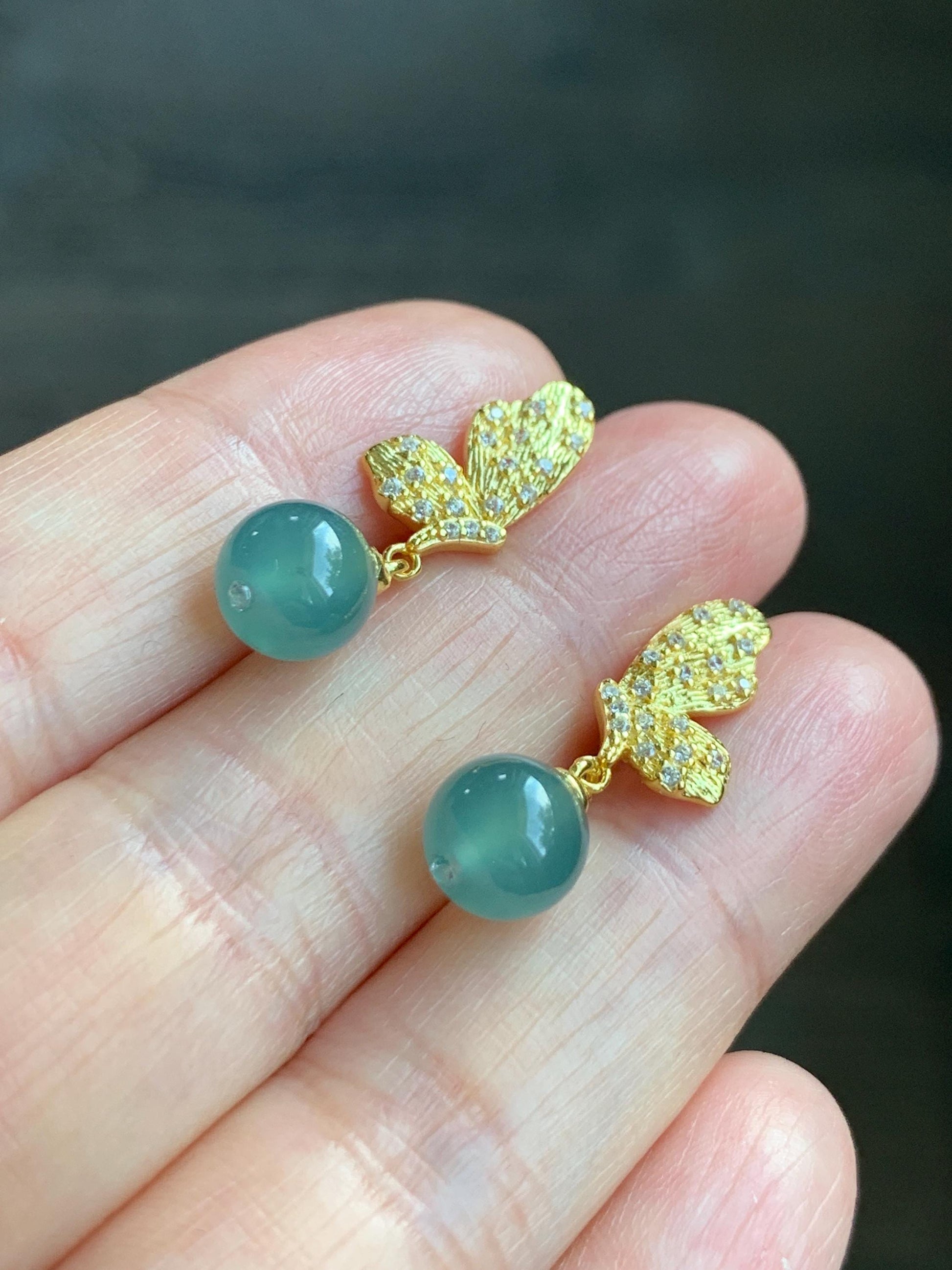 Natural Guatemalan Grade A Icy Highly Translucent Teal Blue Jadeite Beads Butterfly Stud Dangle Earrings Sterling Silver 天然冰危蓝翡翠圆珠耳钉 HDZ77G