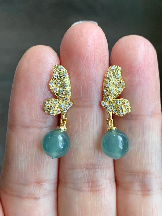 Natural Guatemalan Grade A Icy Highly Translucent Teal Blue Jadeite Beads Butterfly Stud Dangle Earrings Sterling Silver 天然冰危蓝翡翠圆珠耳钉 HDZ77G