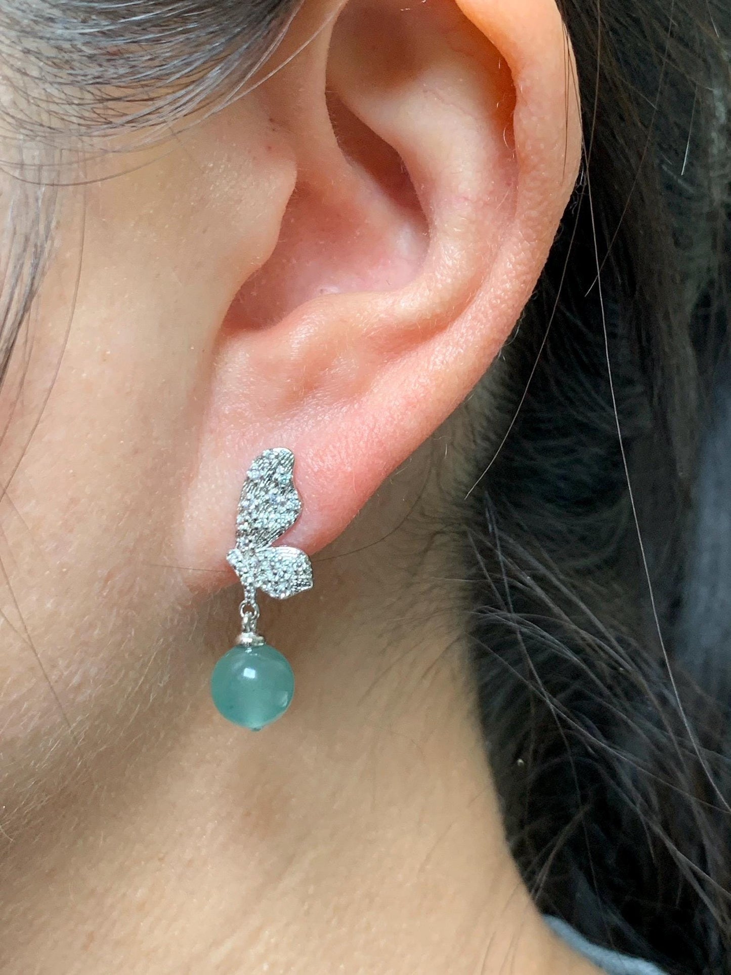 Natural Guatemalan Icy Highly Translucent Light Teal Blue Jadeite Beads Butterfly Stud Dangle Earrings Sterling Silver 天然冰危蓝翡翠圆珠耳钉 HDZ77S