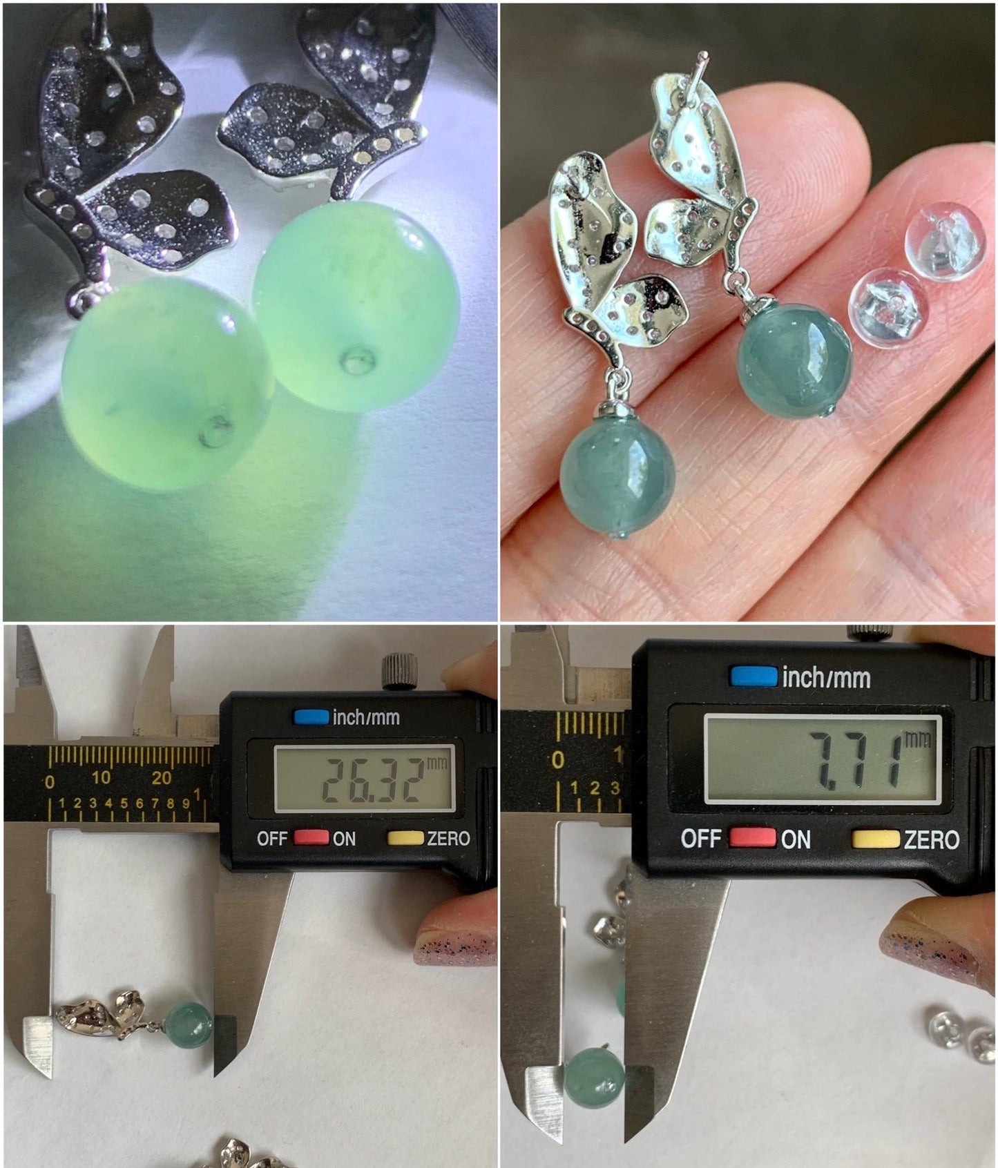 Natural Guatemalan Icy Highly Translucent Light Teal Blue Jadeite Beads Butterfly Stud Dangle Earrings Sterling Silver 天然冰危蓝翡翠圆珠耳钉 HDZ77S