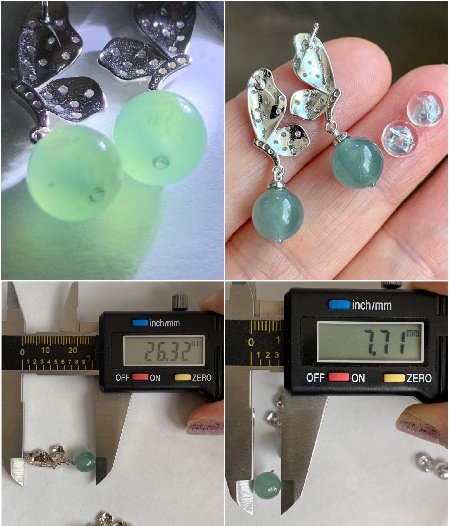 Natural Guatemalan Icy Highly Translucent Light Teal Blue Jadeite Beads Butterfly Stud Dangle Earrings Sterling Silver 天然冰危蓝翡翠圆珠耳钉 HDZ77S