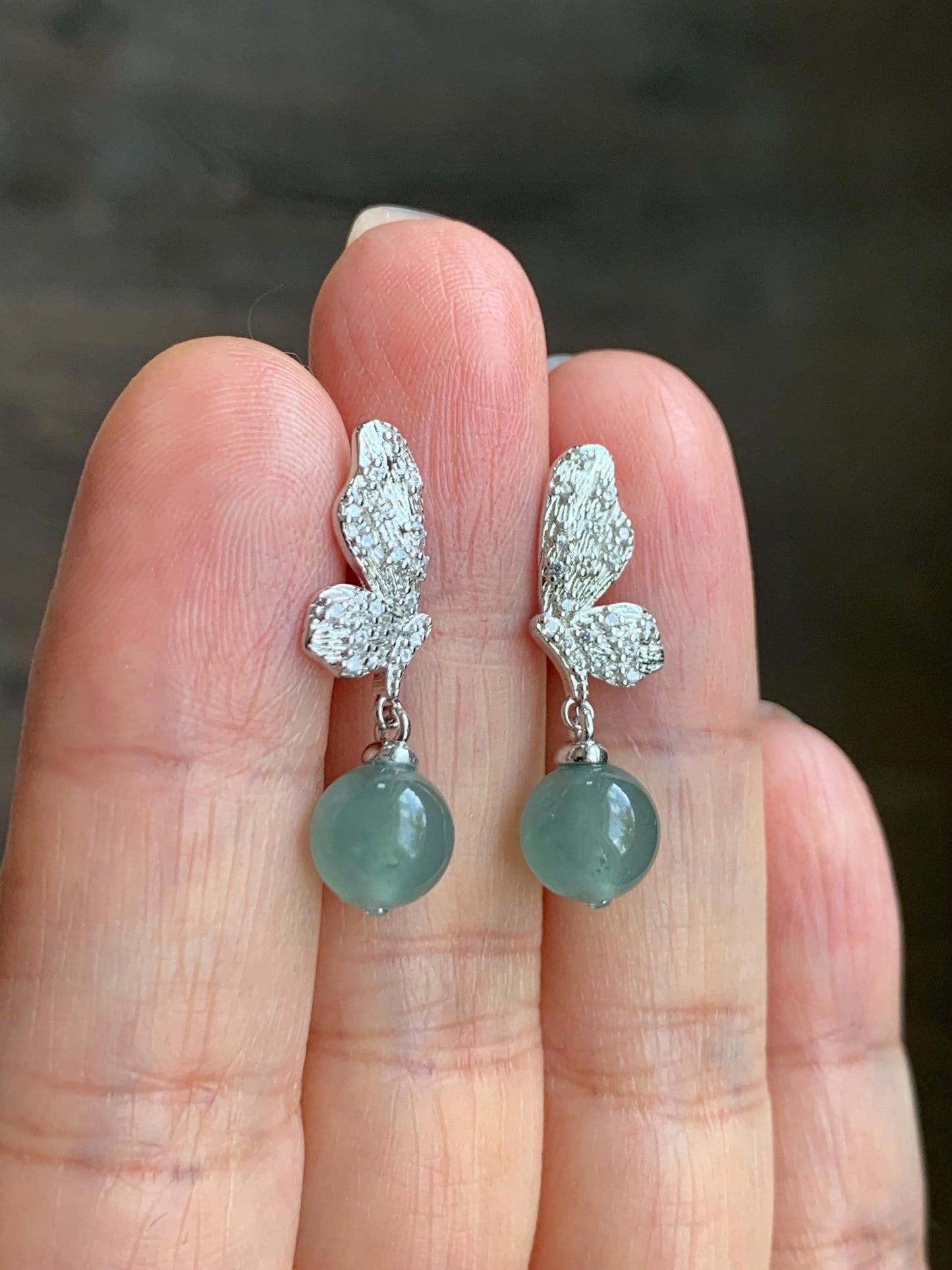 Natural Guatemalan Icy Highly Translucent Light Teal Blue Jadeite Beads Butterfly Stud Dangle Earrings Sterling Silver 天然冰危蓝翡翠圆珠耳钉 HDZ77S