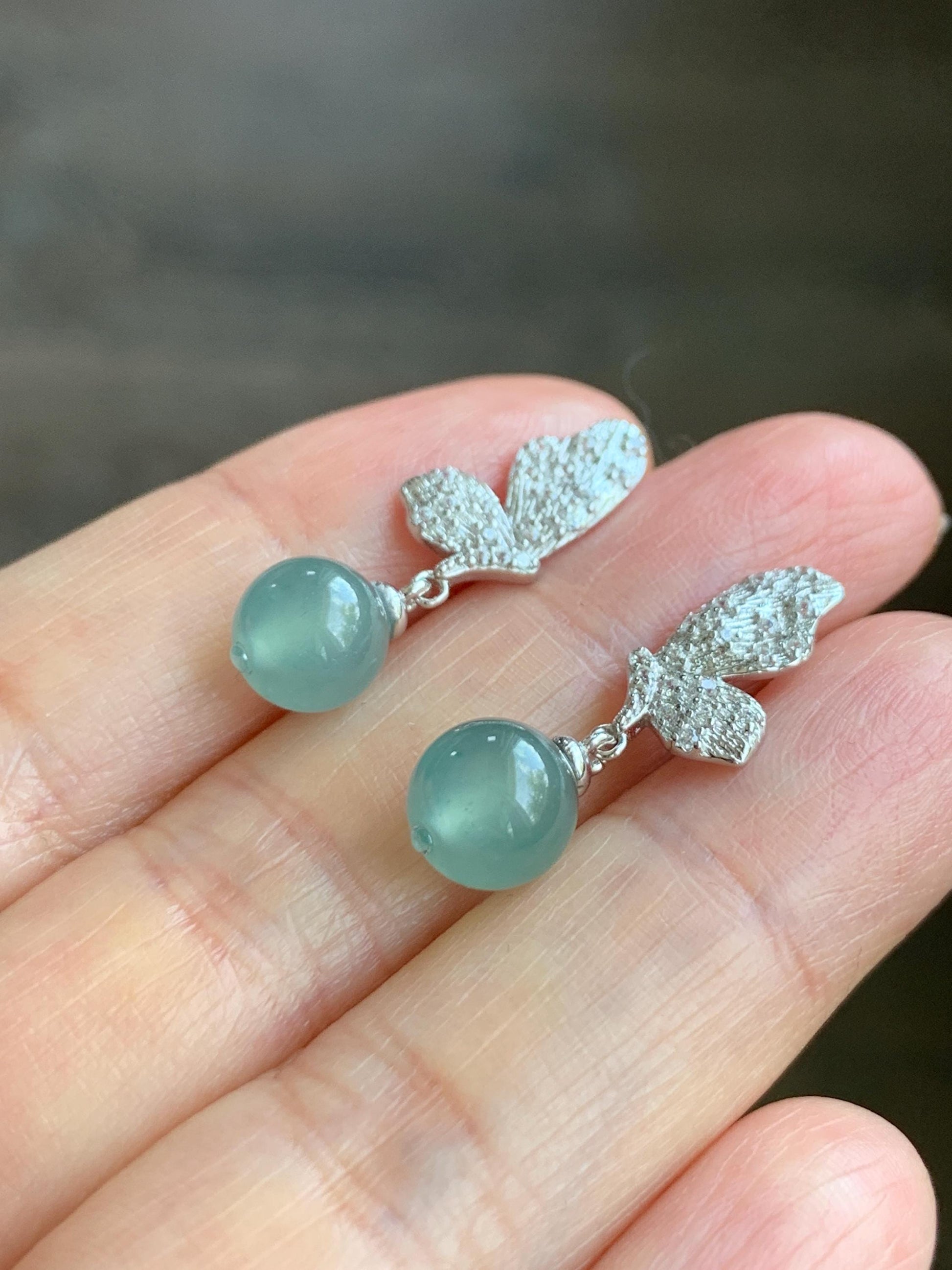 Natural Guatemalan Icy Highly Translucent Light Teal Blue Jadeite Beads Butterfly Stud Dangle Earrings Sterling Silver 天然冰危蓝翡翠圆珠耳钉 HDZ77S