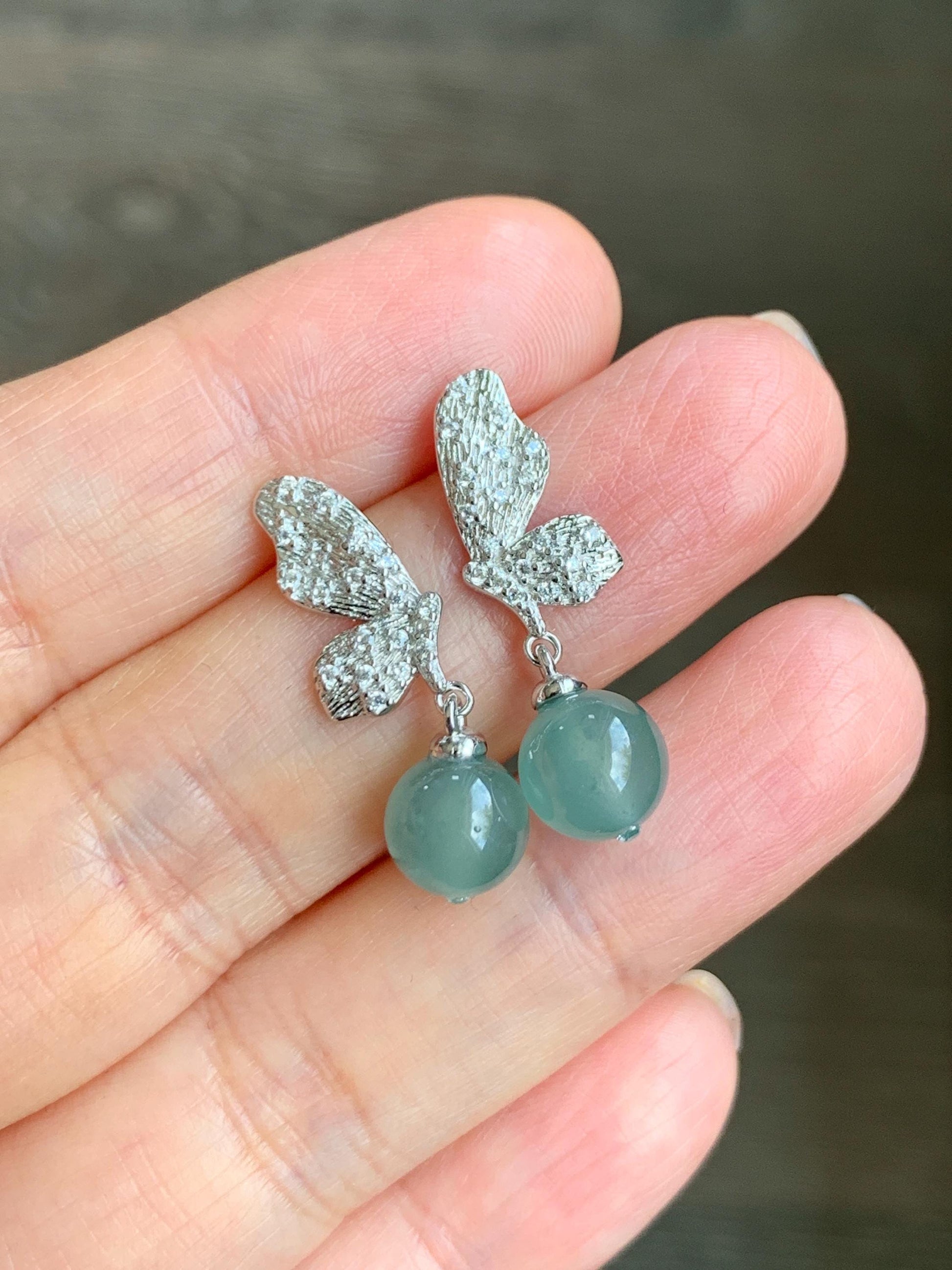 Natural Guatemalan Icy Highly Translucent Light Teal Blue Jadeite Beads Butterfly Stud Dangle Earrings Sterling Silver 天然冰危蓝翡翠圆珠耳钉 HDZ77S