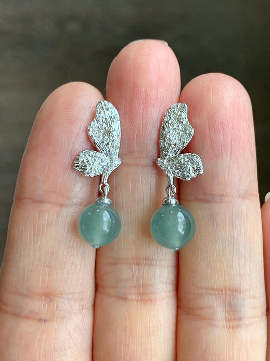Natural Guatemalan Icy Highly Translucent Light Teal Blue Jadeite Beads Butterfly Stud Dangle Earrings Sterling Silver 天然冰危蓝翡翠圆珠耳钉 HDZ77S