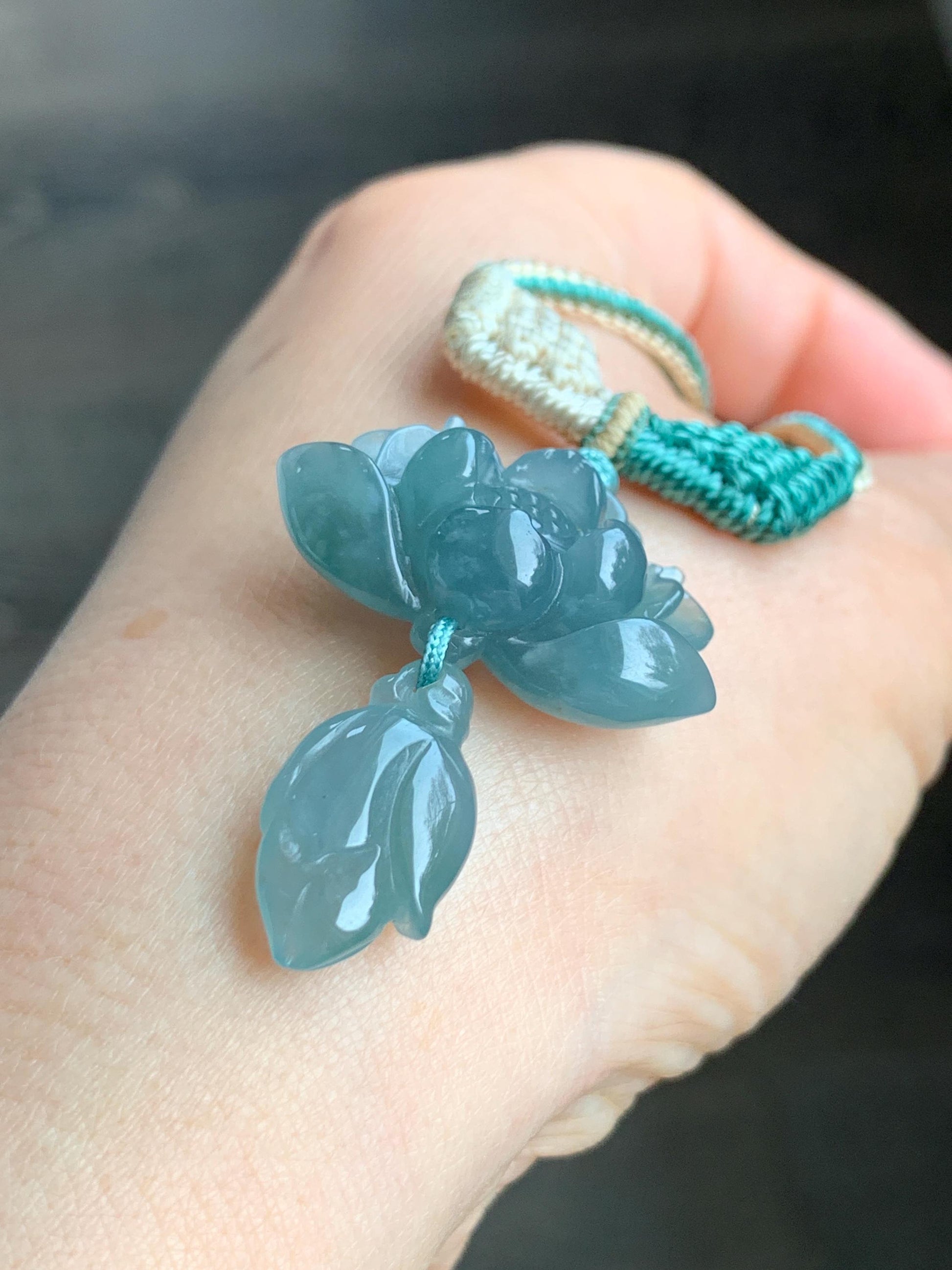 Natural Grade A Guatemalan Icy Translucent Teal Blue Jadeite Lotus Flower Pendant Rope Necklace Adjustable 27” 12g 天然冰危蓝翡翠莲花花苞吊坠挂件 C