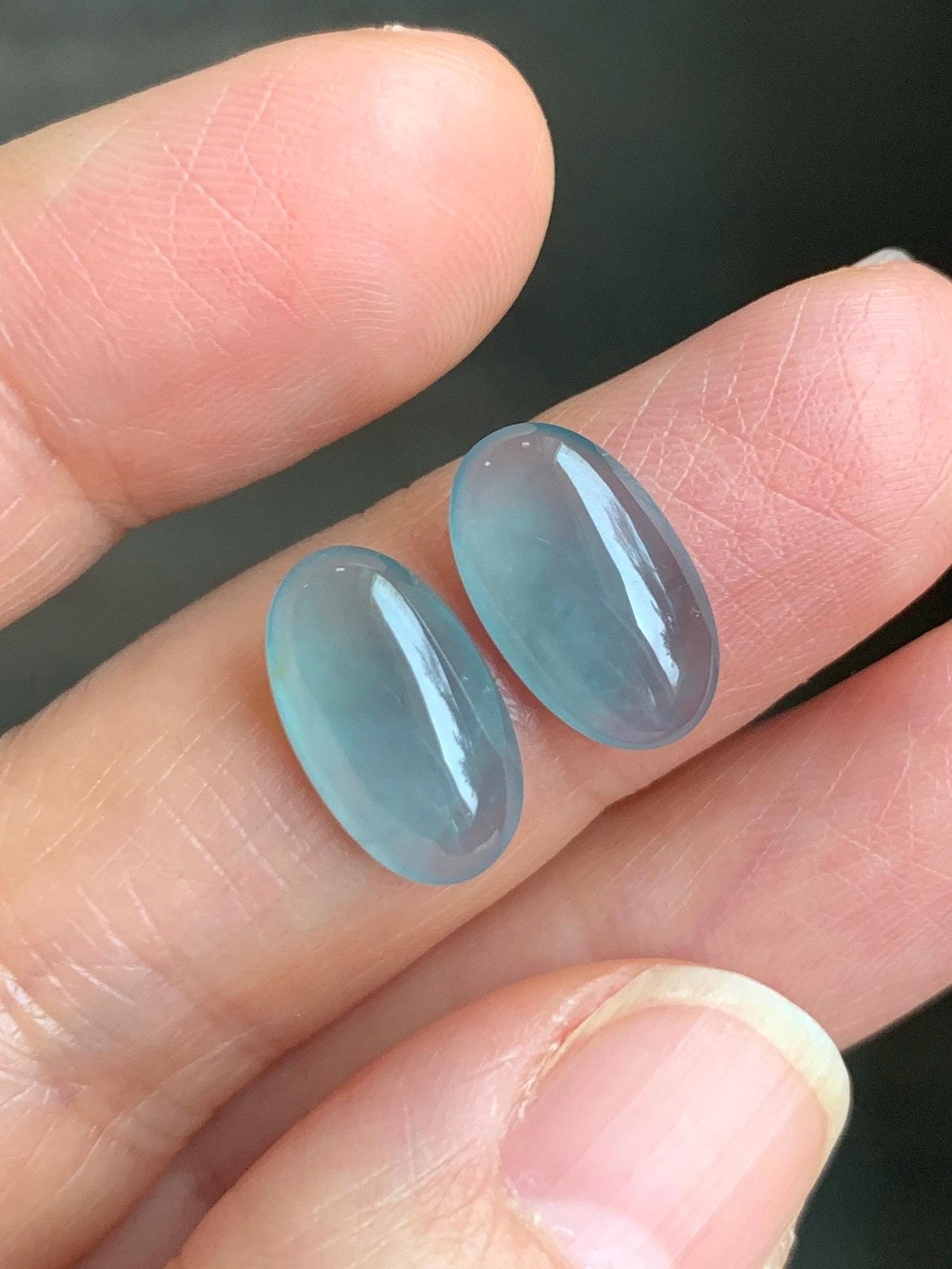 Natural Grade A Guatemalan Icy Highly Translucent Light Blue Jadeite Oval Cabochon Set of 2 For Earrings 天然老种冰危浅蓝翡翠椭圆蛋面 TYD180