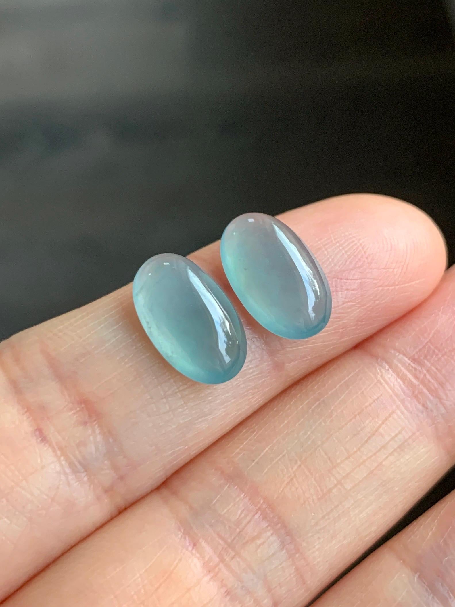 Natural Grade A Guatemalan Icy Highly Translucent Light Blue Jadeite Oval Cabochon Set of 2 For Earrings 天然老种冰危浅蓝翡翠椭圆蛋面 TYD180