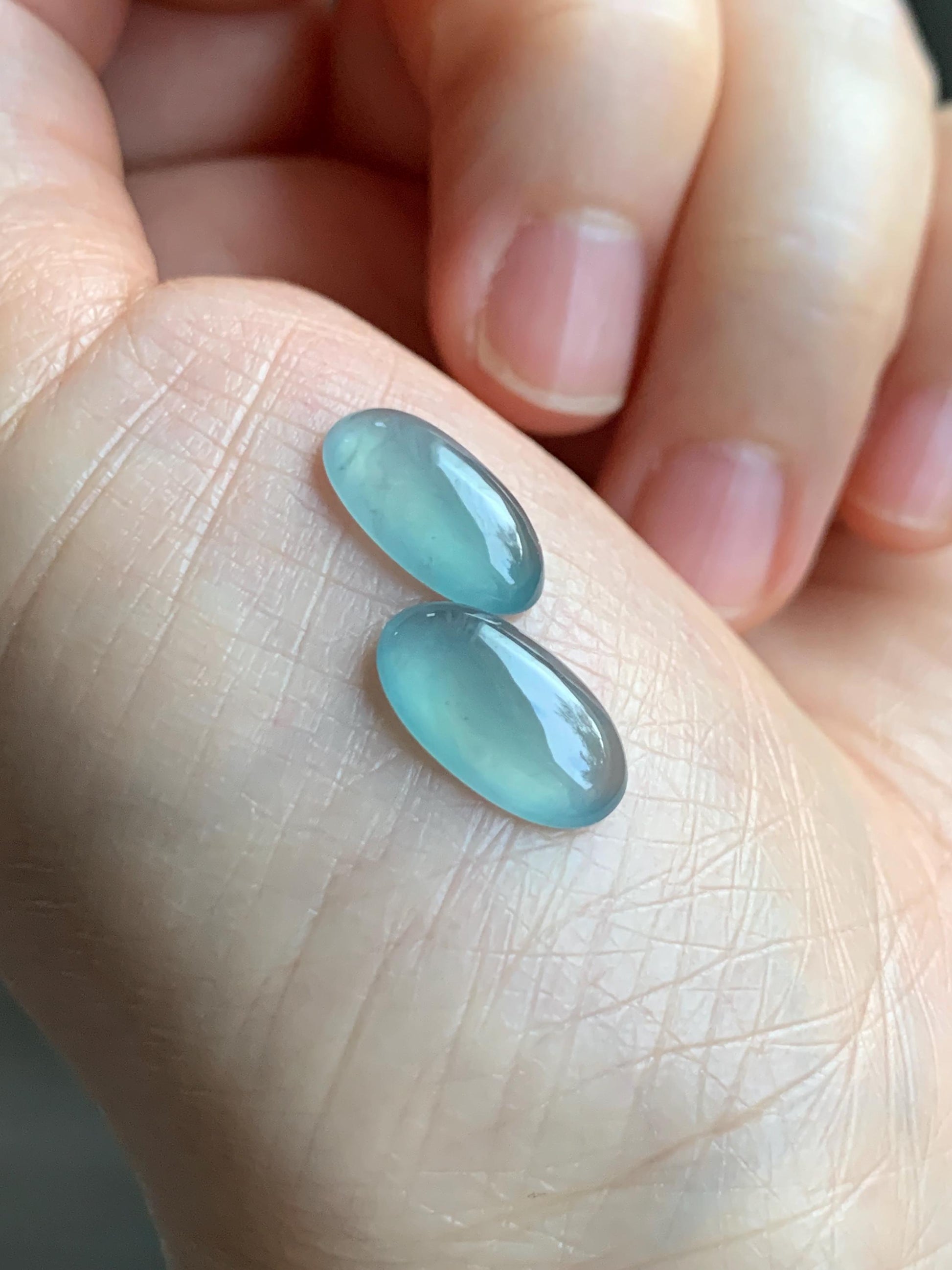 Natural Grade A Guatemalan Icy Highly Translucent Light Blue Jadeite Oval Cabochon Set of 2 For Earrings 天然老种冰危浅蓝翡翠椭圆蛋面 TYD180