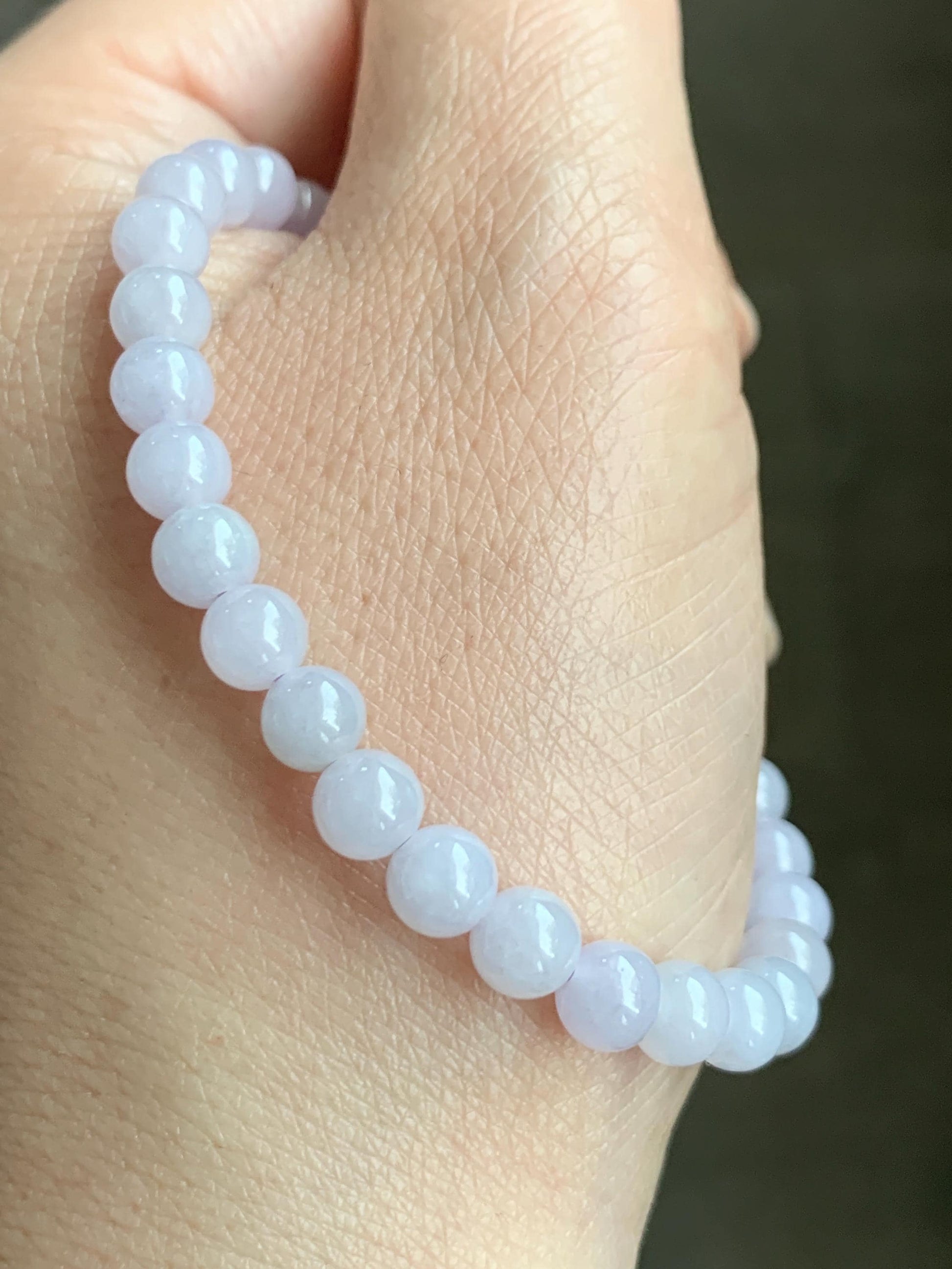 Natural Grade A Icy Translucent Light Lavender Jadeite Round Beads & Cabochon Charm Beaded Bracelet 6.5” 10g 天然冰胶淡紫翡翠起光蛋面手串 ZDP65