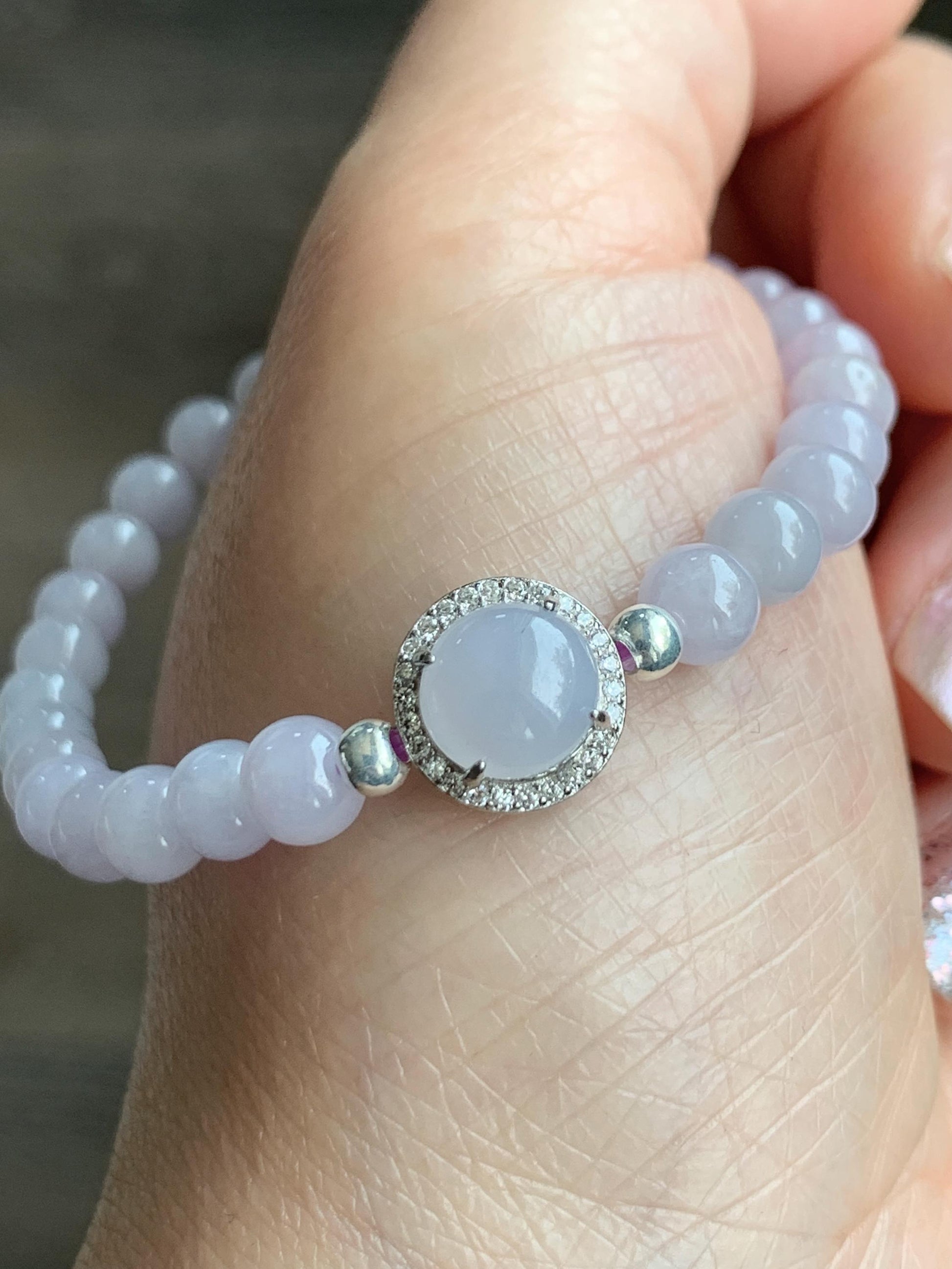 Natural Grade A Icy Translucent Light Lavender Jadeite Round Beads & Cabochon Charm Beaded Bracelet 6.5” 10g 天然冰胶淡紫翡翠起光蛋面手串 ZDP65