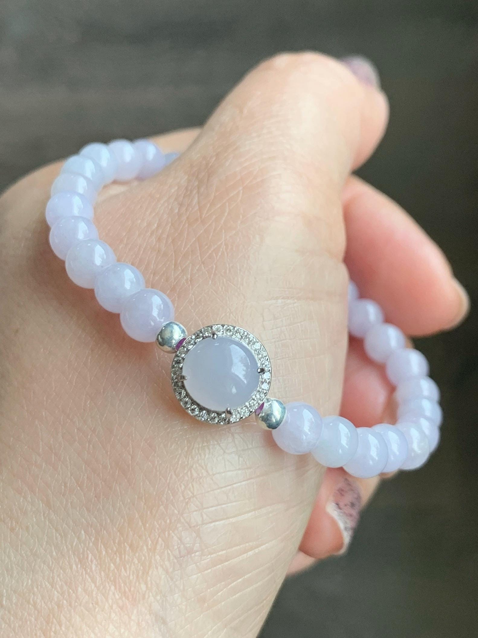 Natural Grade A Icy Translucent Light Lavender Jadeite Round Beads & Cabochon Charm Beaded Bracelet 6.5” 10g 天然冰胶淡紫翡翠起光蛋面手串 ZDP65