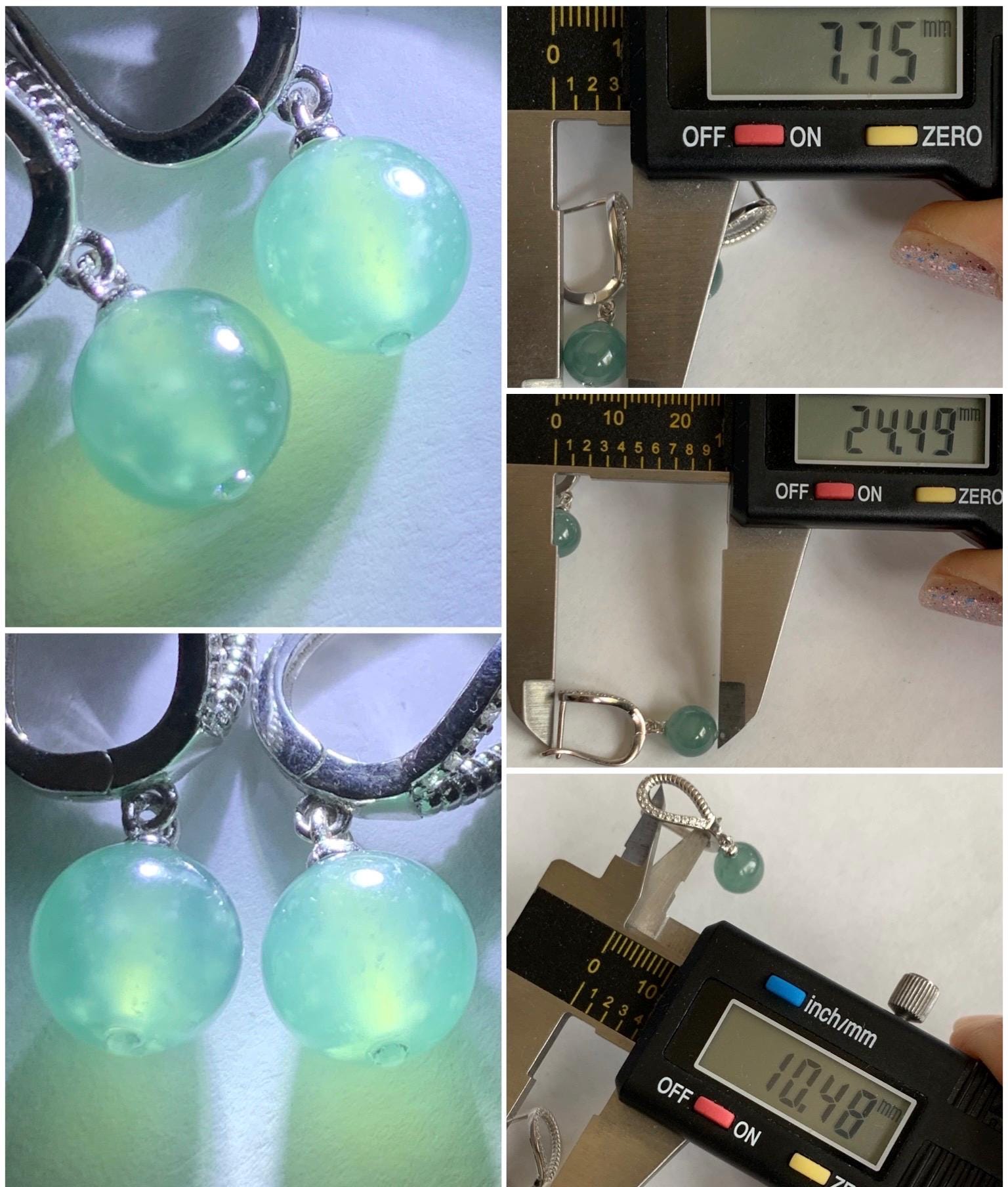 Natural Guatemalan Icy Highly Translucent Light Teal Blue Jadeite Beads Lever Back Dangle Earrings Sterling Silver 天然高冰危浅蓝翡翠圆珠耳钩 EBZ77B