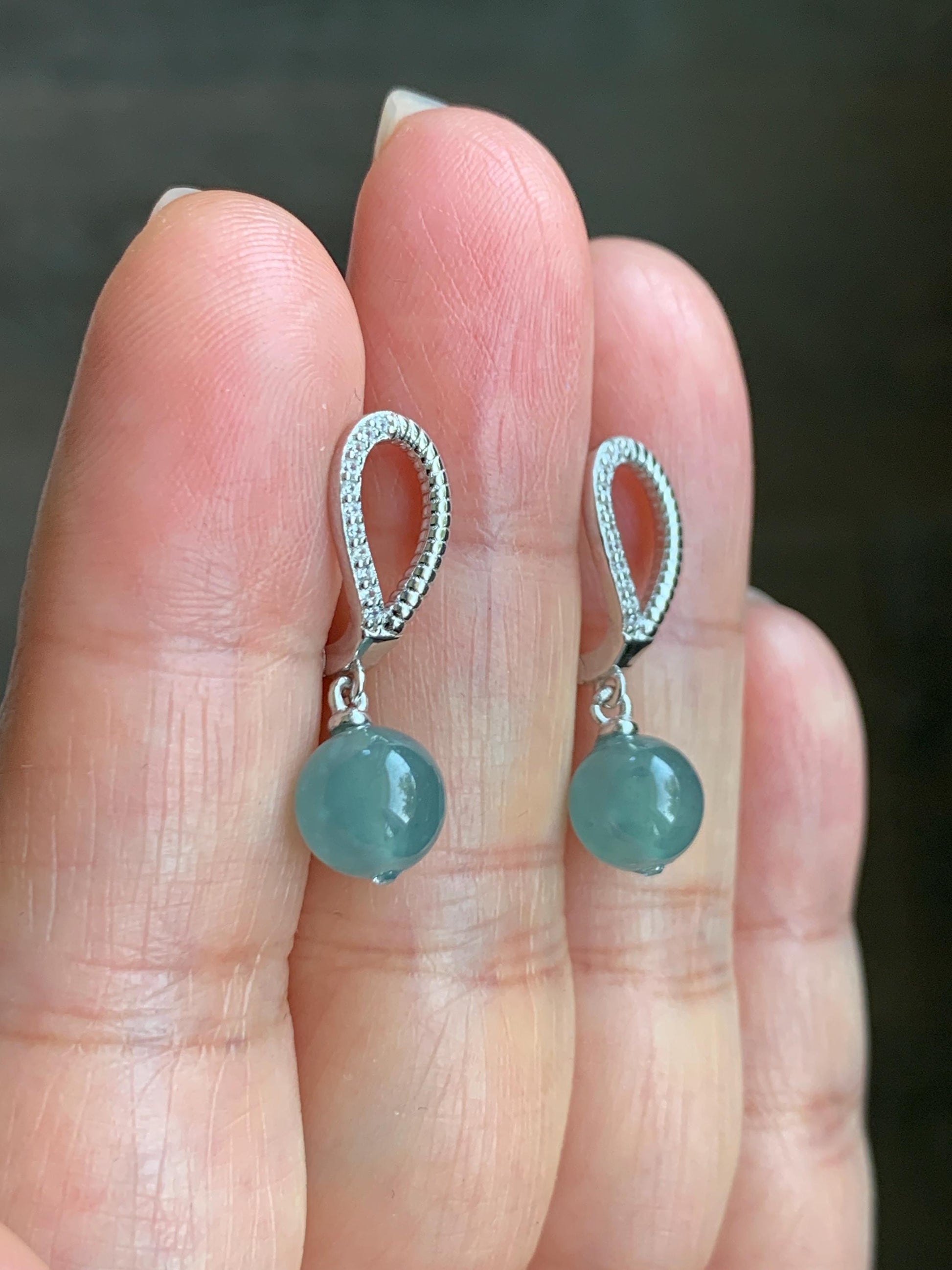 Natural Guatemalan Icy Highly Translucent Light Teal Blue Jadeite Beads Lever Back Dangle Earrings Sterling Silver 天然高冰危浅蓝翡翠圆珠耳钩 EBZ77B