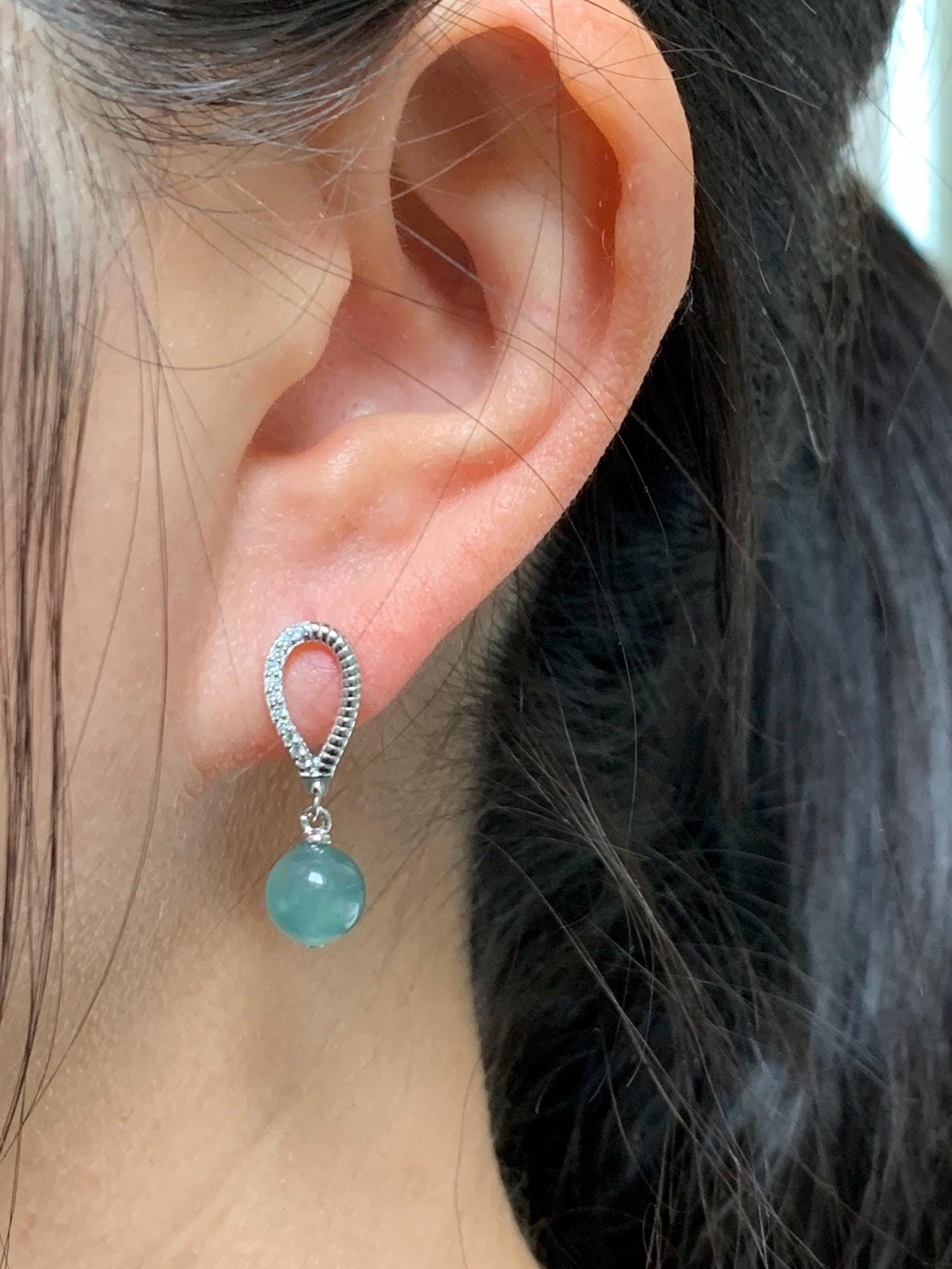 Natural Guatemalan Icy Highly Translucent Light Teal Blue Jadeite Beads Lever Back Dangle Earrings Sterling Silver 天然高冰危浅蓝翡翠圆珠耳钩 EBZ77B