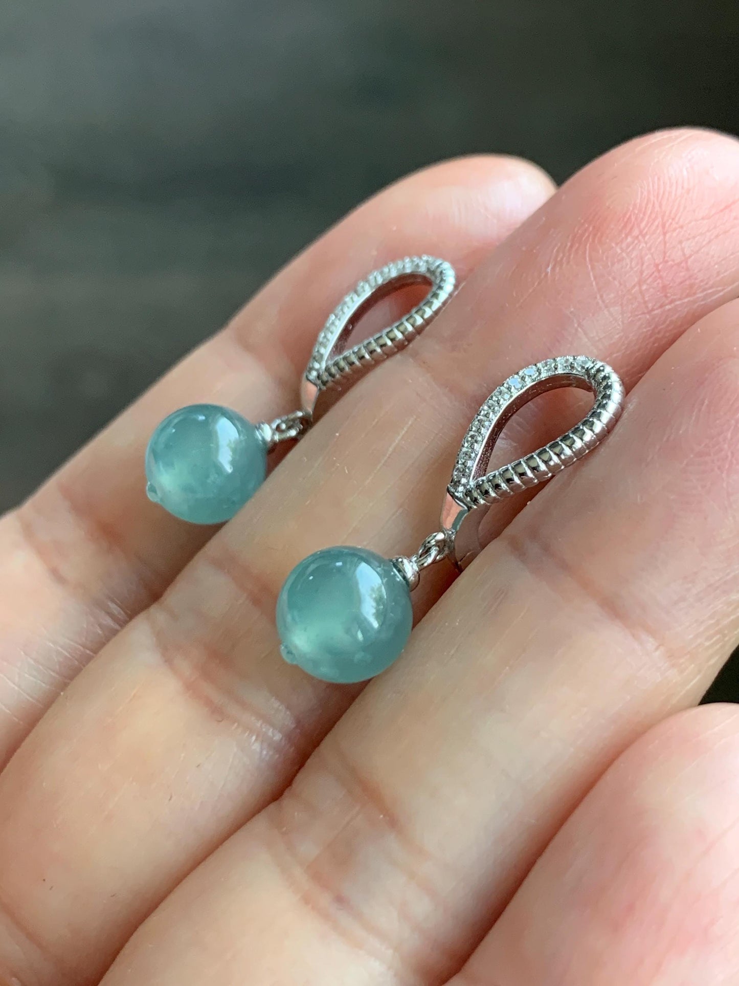Natural Guatemalan Icy Highly Translucent Light Teal Blue Jadeite Beads Lever Back Dangle Earrings Sterling Silver 天然高冰危浅蓝翡翠圆珠耳钩 EBZ77B